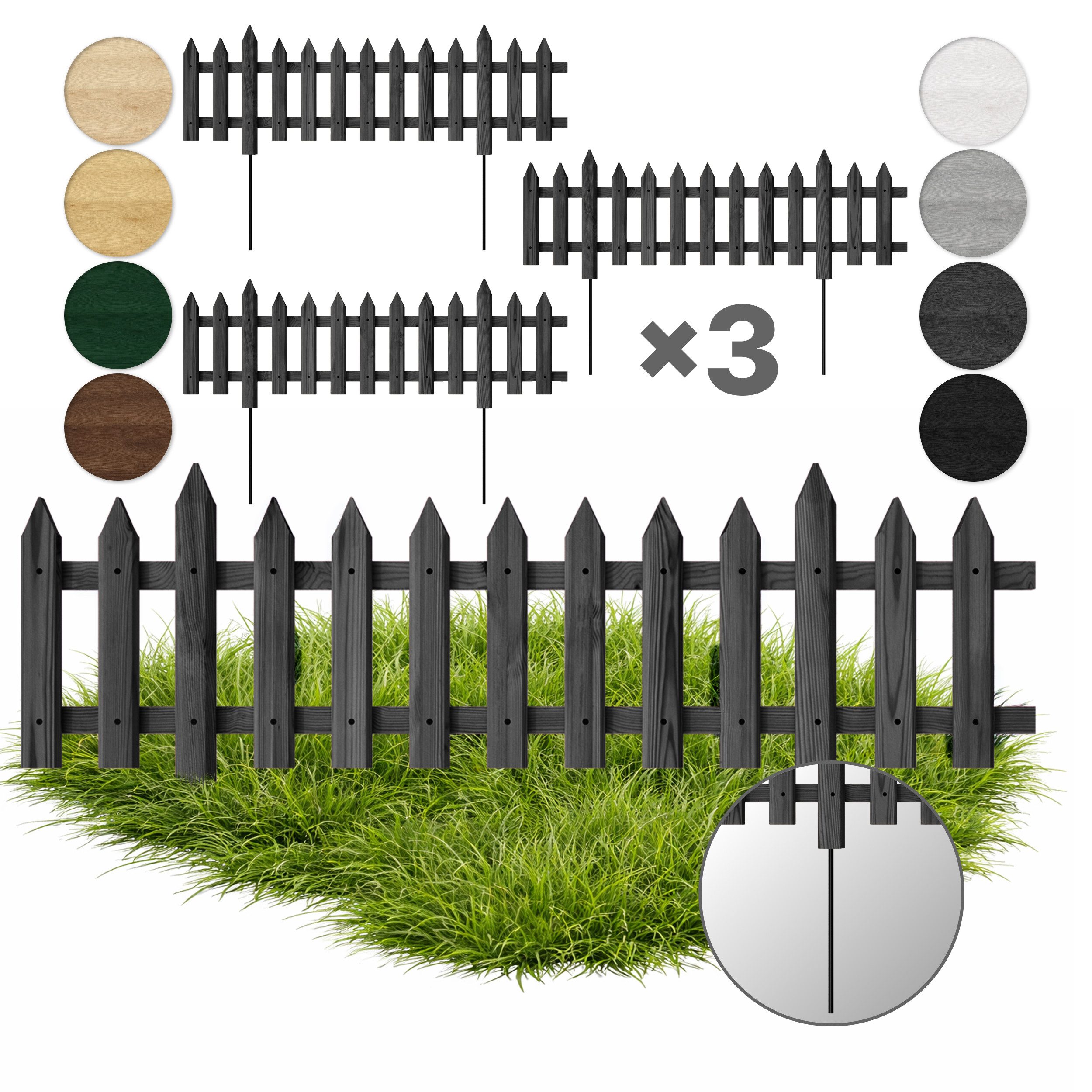 Floranica Zierzaun Vorgartenzaun Steckzaun Gartenzaun Zierzaun Lattenzaun Friesenzaun, (30 x 100 cm, 3-St., Anthrazit), Blummen Beeten Zaun aus Holz mit Metalpfosten, Beetabgrenzung