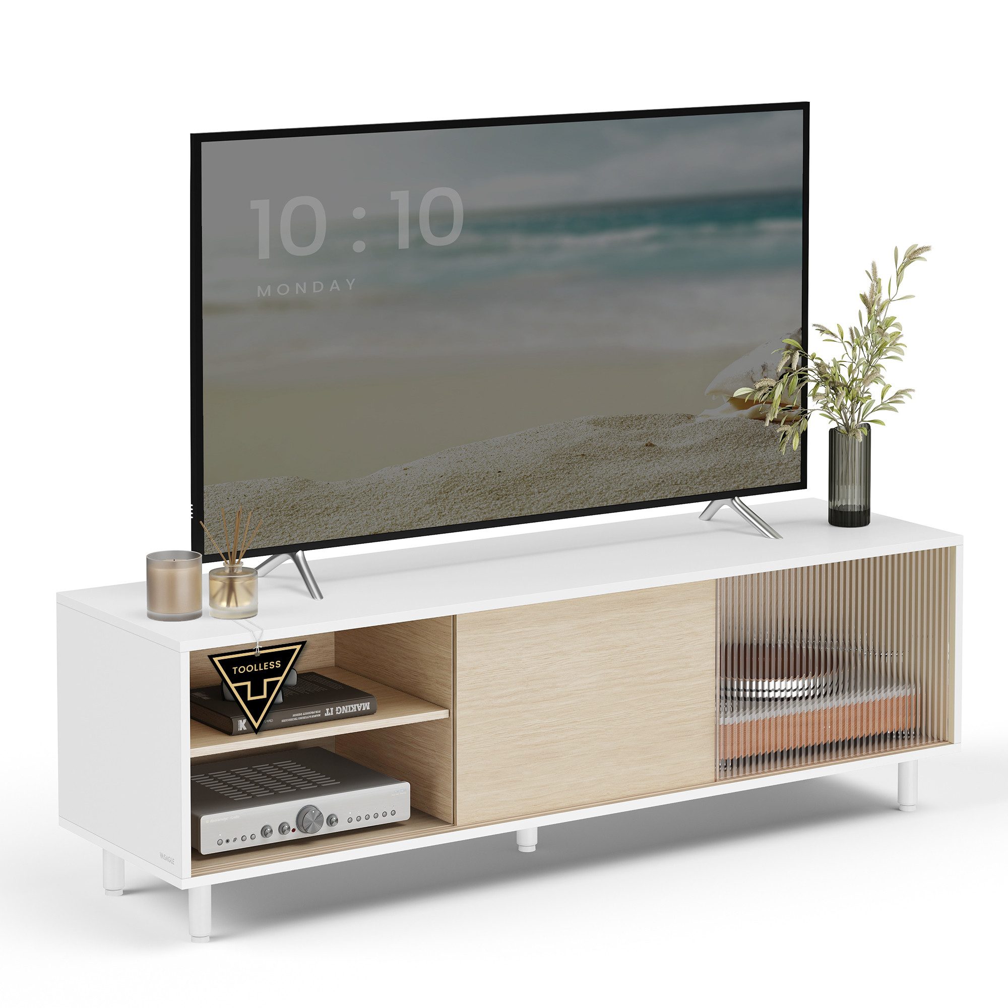 VASAGLE Lowboard TV-Schrank für TVs bis zu 60 Zoll, Montage superschnell werkzeuglos Wolkenweiß-Naturbeige