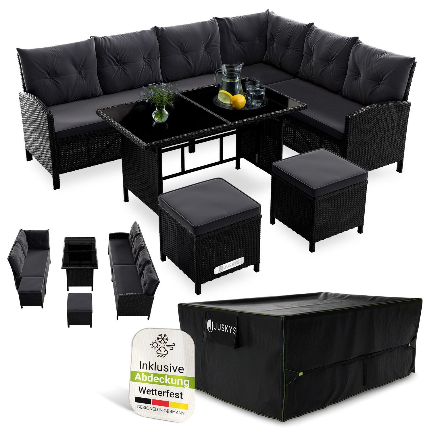 Juskys Gartenlounge-Set Manacor, (Gartenlounge), Polyrattan Gartenmöbel-Set mit Sofa, Tisch und Hocker inkl. Abdeckung