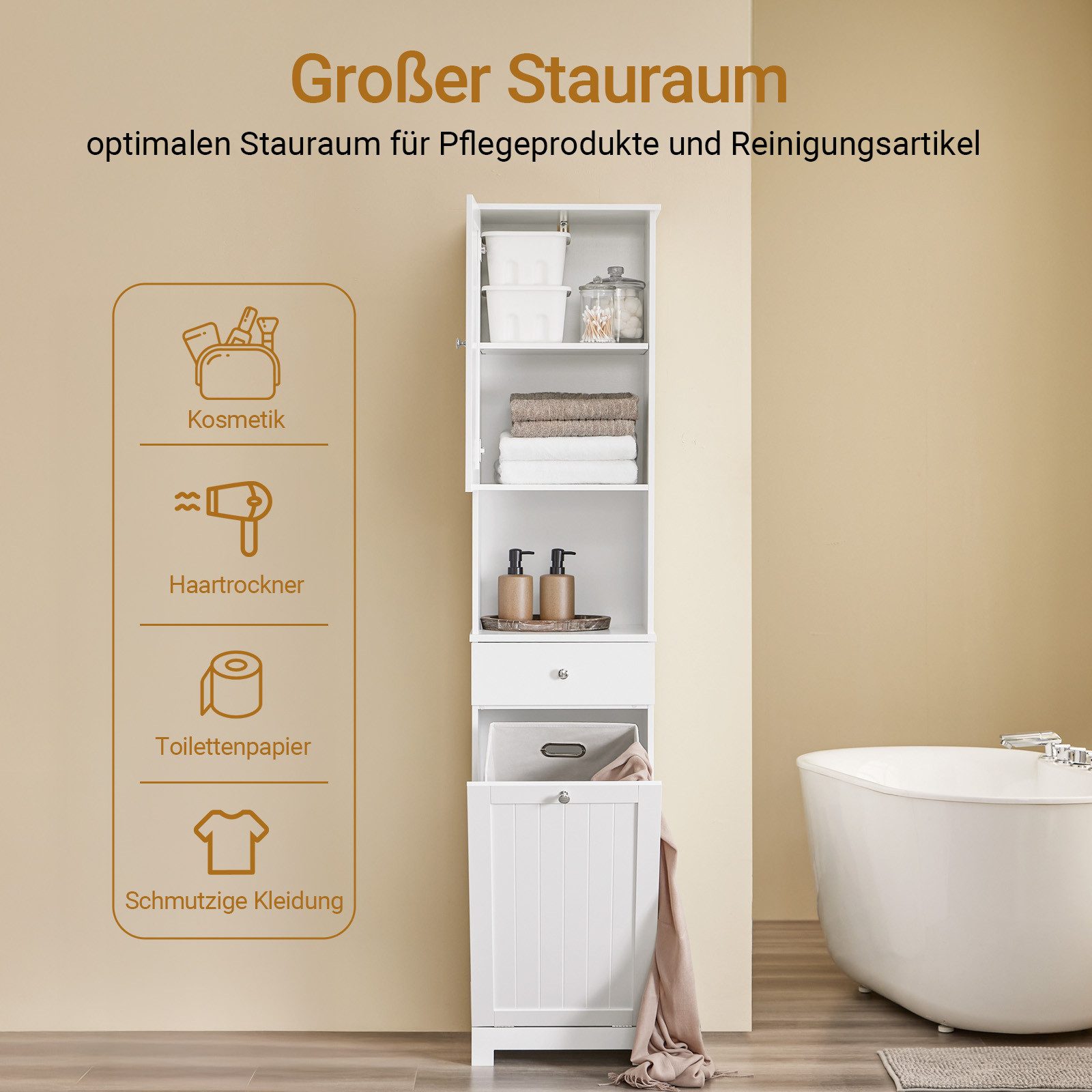 SoBuy Badkommode BZR216, Badezimmerschrank Badschrank mit Wäschekorb Badezimmermöbel, Hochschrank mit Schublade, verstellbare Ablagen, Wäschekorb Badezimmer