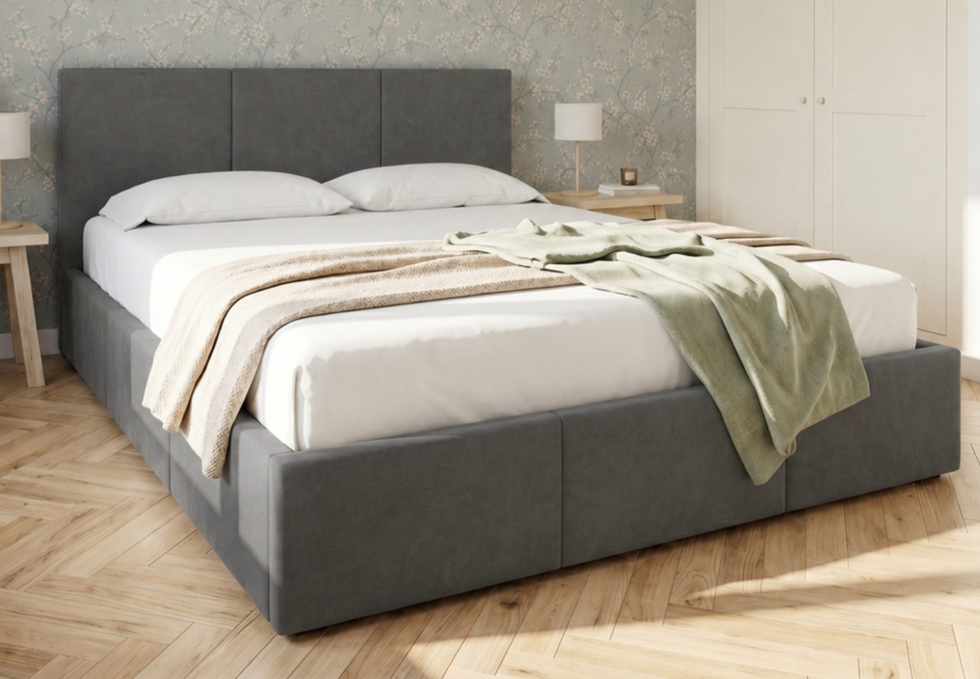 Home Collective Polsterbett Bett Doppelbett Bettgestell mit Lattenrost & Stauraum, mehrere Größen (Größen: 120x200 140x200 160x200 180x200, samtweicher Veloursstoff, in Europa hergestellt), Bettkasten, flexibler Lattenrost mit Härtegradeinstellung Aschgrau