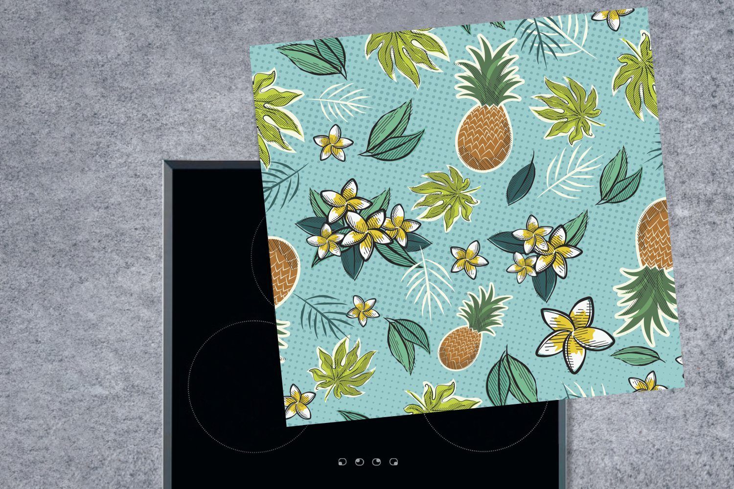 eines Vinyl, tlg), küche MuchoWow tropischen Ceranfeldabdeckung, (1 Ananas Blumen, Musters und mit 78x78 für Herdblende-/Abdeckplatte Arbeitsplatte Illustration cm,
