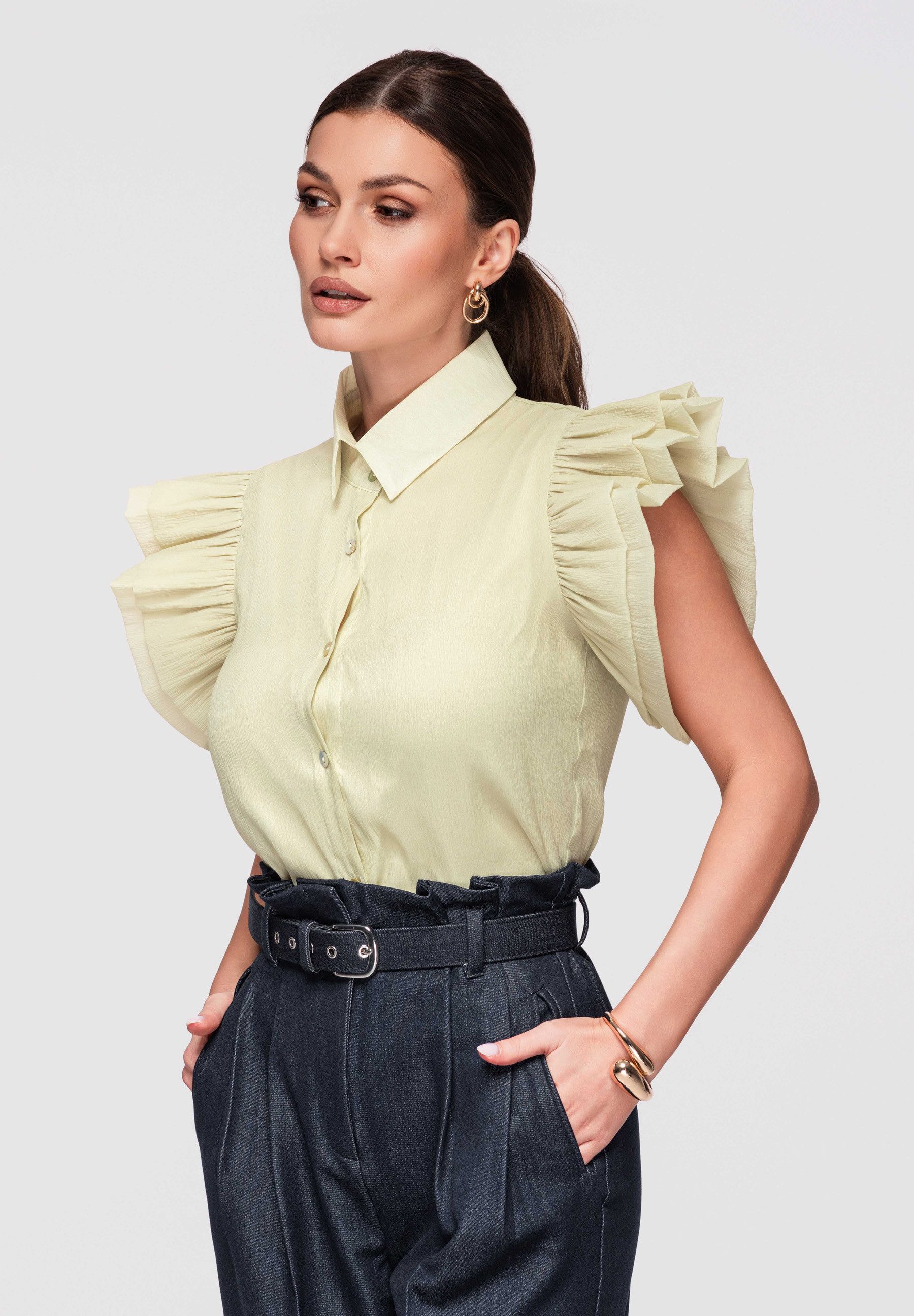 OMBRE Hemdbluse Damen Kurzarm Bluse mit Volants Elegant Grün L (1-tlg) Volantärmel