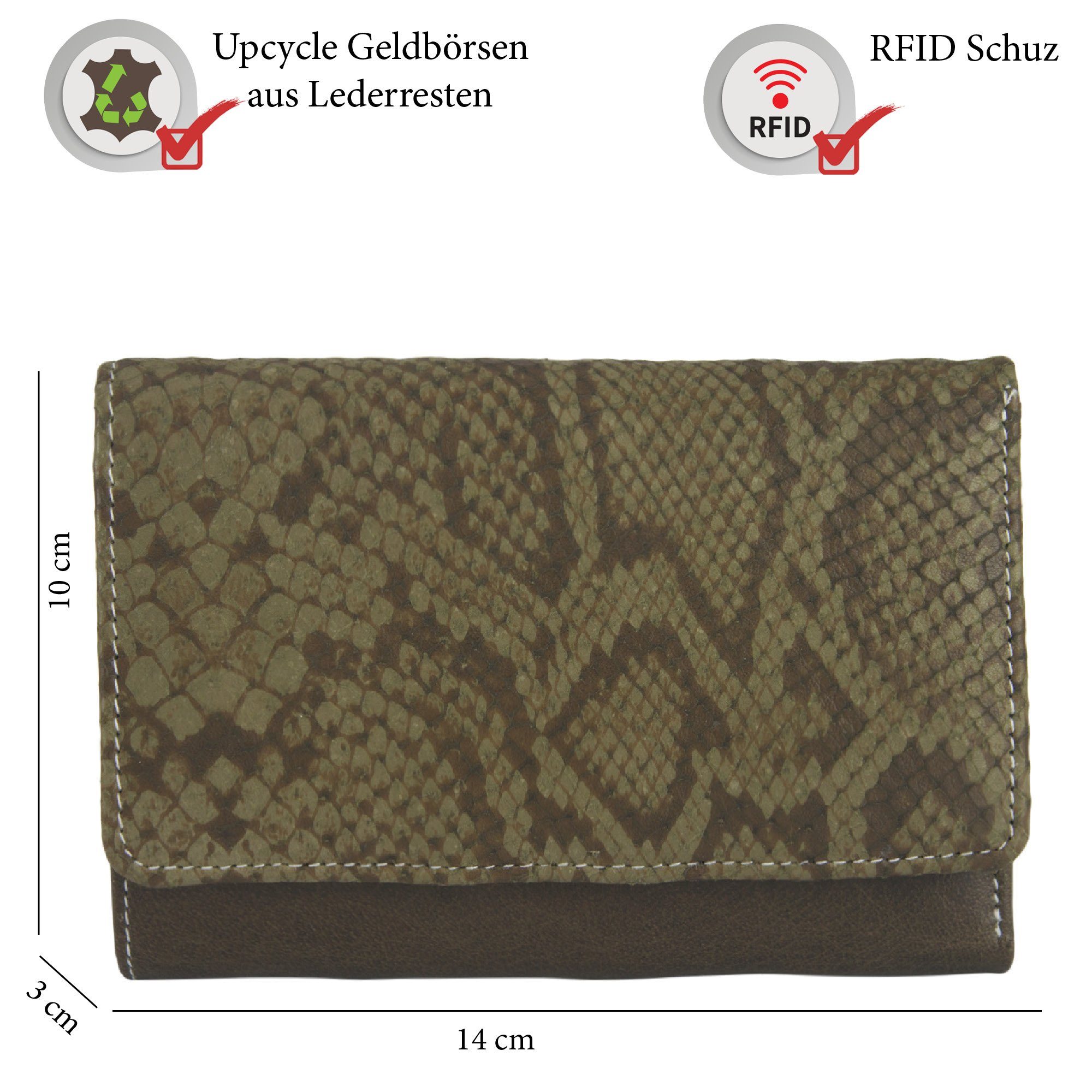 recycelten Geldbeutel. Leder, grün Leder Damen mit Geldbörse. Lederresten, RFID-Schutz, Unisex Khaki echt Geldbörse echt Lederreste, aus aus Sunsa Portemonnaie