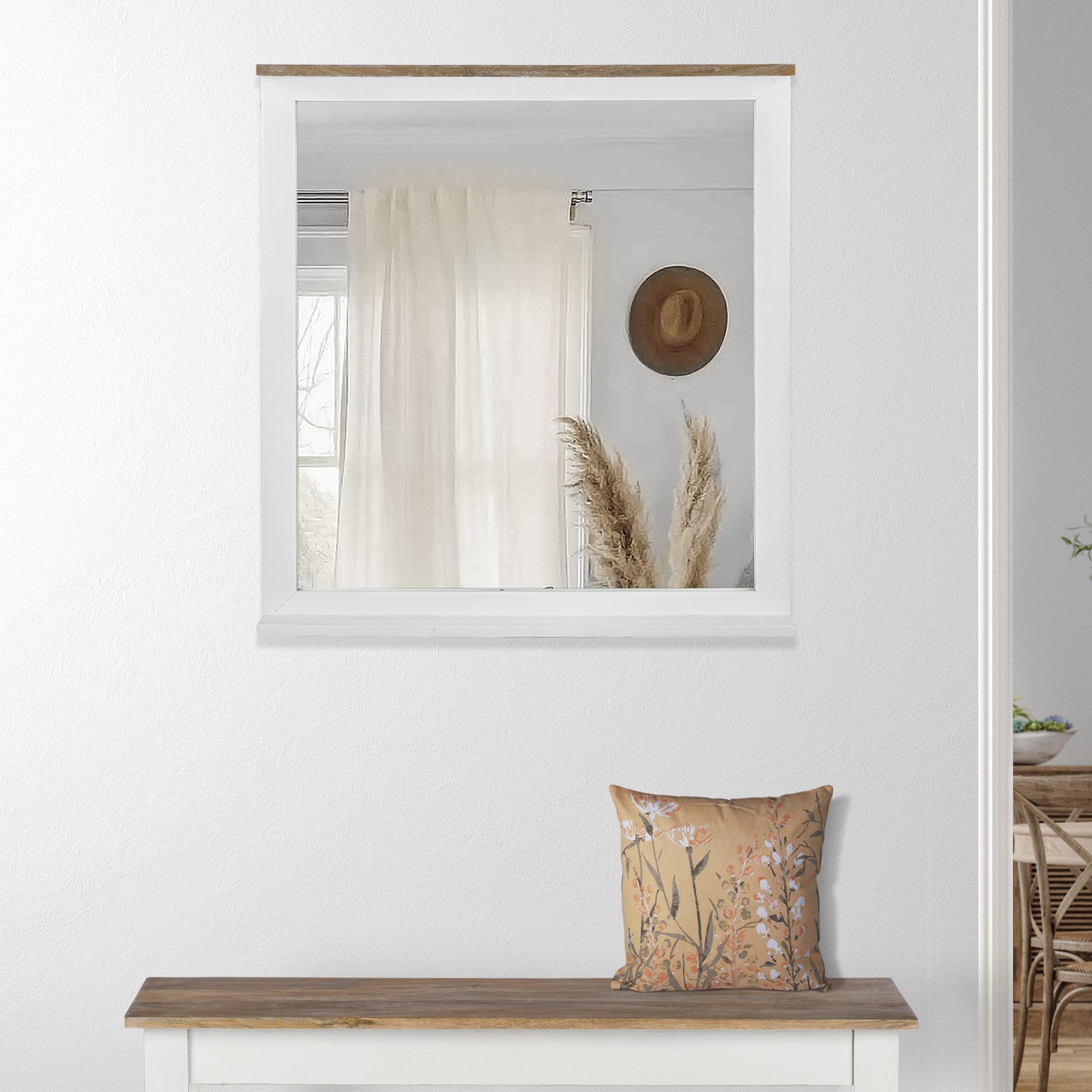 WOMO-DESIGN Wandspiegel Holzspiegel handgefertigt Badspiegel Schminkspiegel Massivholzrahmen, Natur 80x76 cm Hängespiegel Dekospiegel Flurspiegel Mangoholz lackiert