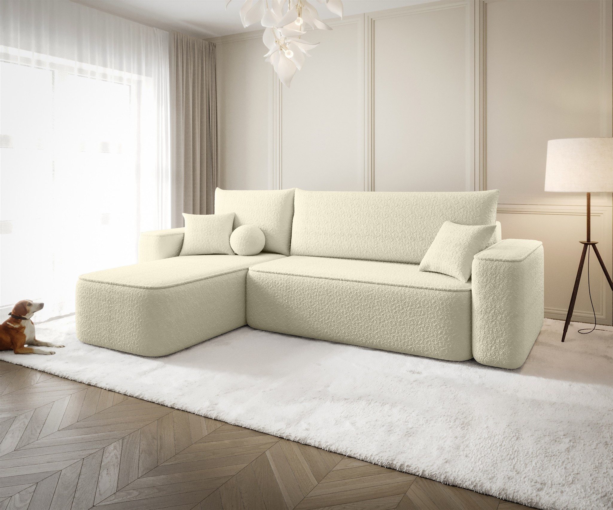 Fun Möbel Ecksofa Schlafsofa Sofa AGEPO mit Ottomane in Stoff, Rundumbezug, mit Bettkasten