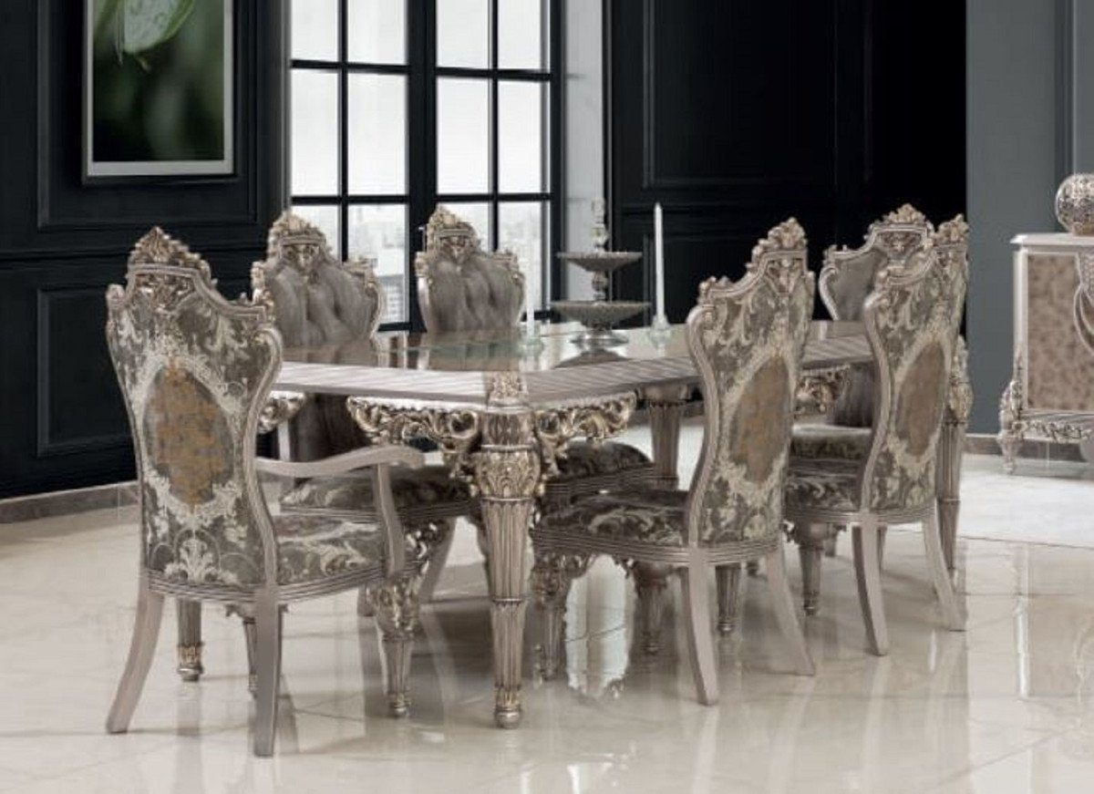 Casa Padrino Esszimmer-Set Luxus Barock Esszimmer Set Grau / Silber - 1 Esstisch & 8 Esszimmerstühle - Prunkvolle Esszimmer Möbel im Barockstil