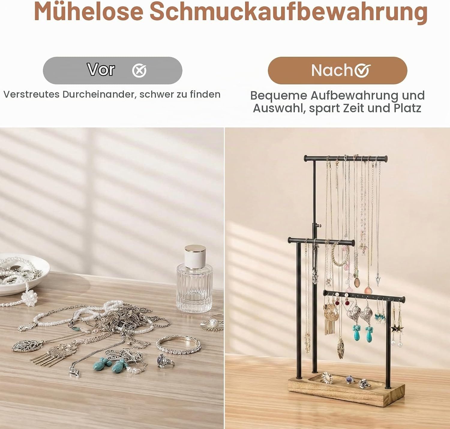 LEMLIT Schmuckständer Schmuckständer Holz Schmuckhalter Kettenhalter 3 Stäbe Drehbar (1er Set, 1 St., Ausziehbarer Halskettenhalter aus Metall mit Holzsockel),  – Bild 4 von 5