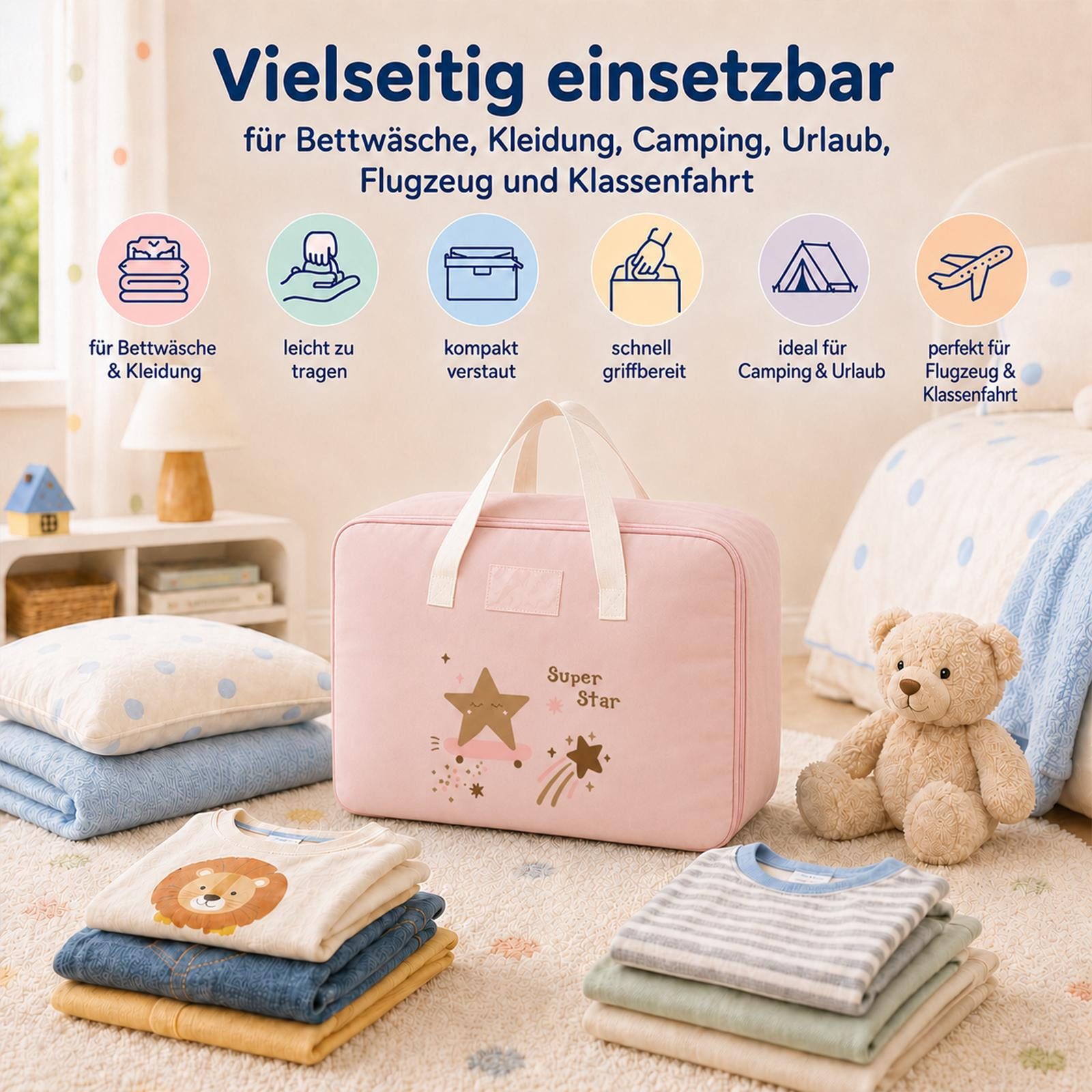 VERCO Reisetasche Kinder Gepäcktasche faltbar für Klassenfahrt (1-tlg), Faltbare Aufbewahrungstasche Kinderzimmer Camping Urlaub