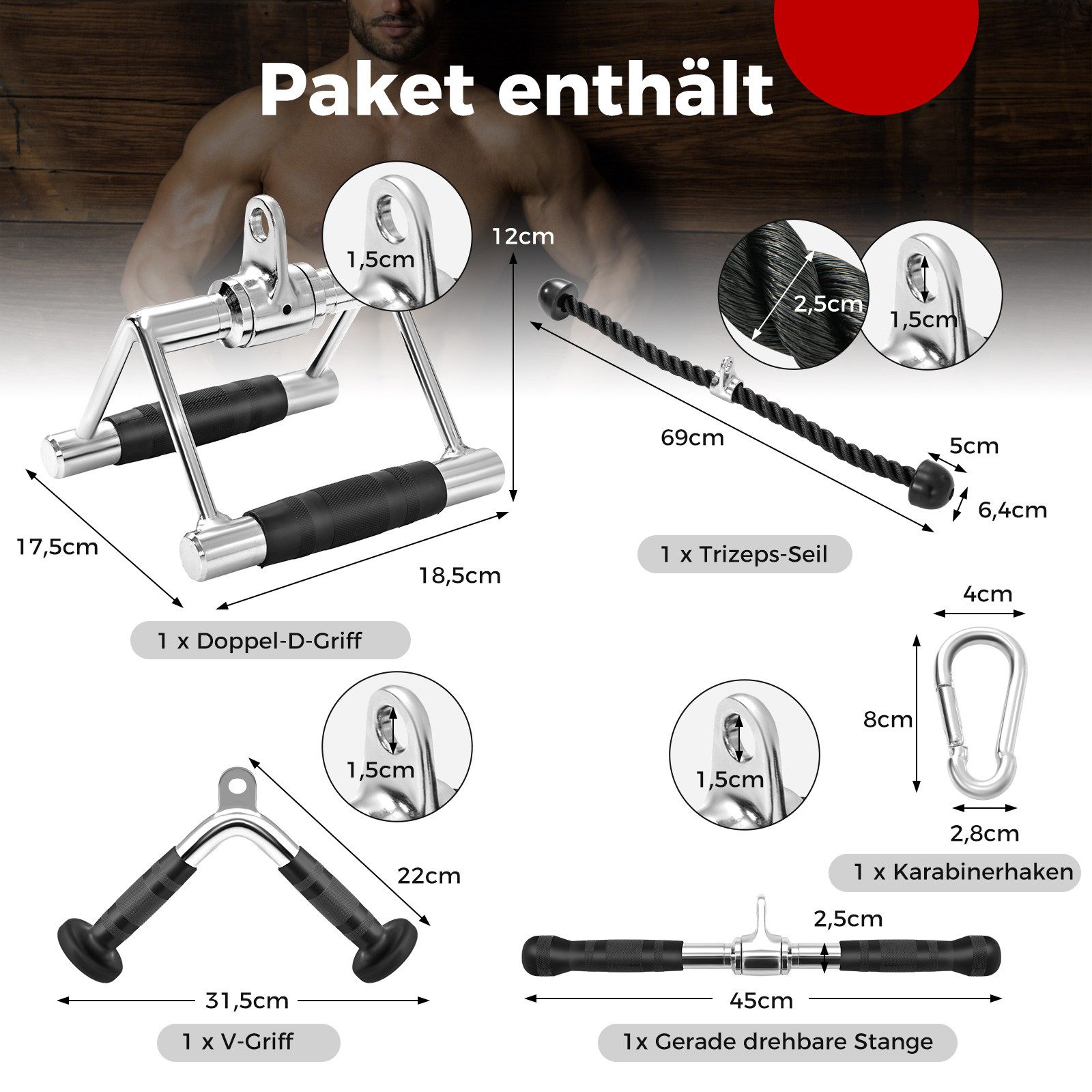 COSTWAY Trainingshilfe, 4-teilige Set mit Trizepsseil, V Griff, Doppel-D-Griff, Stange