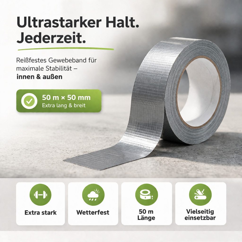 Baumarktic Klebeband 4x Duct Tape silber – Panzertape Gewebeklebeband Reparaturband (4-St., Set)