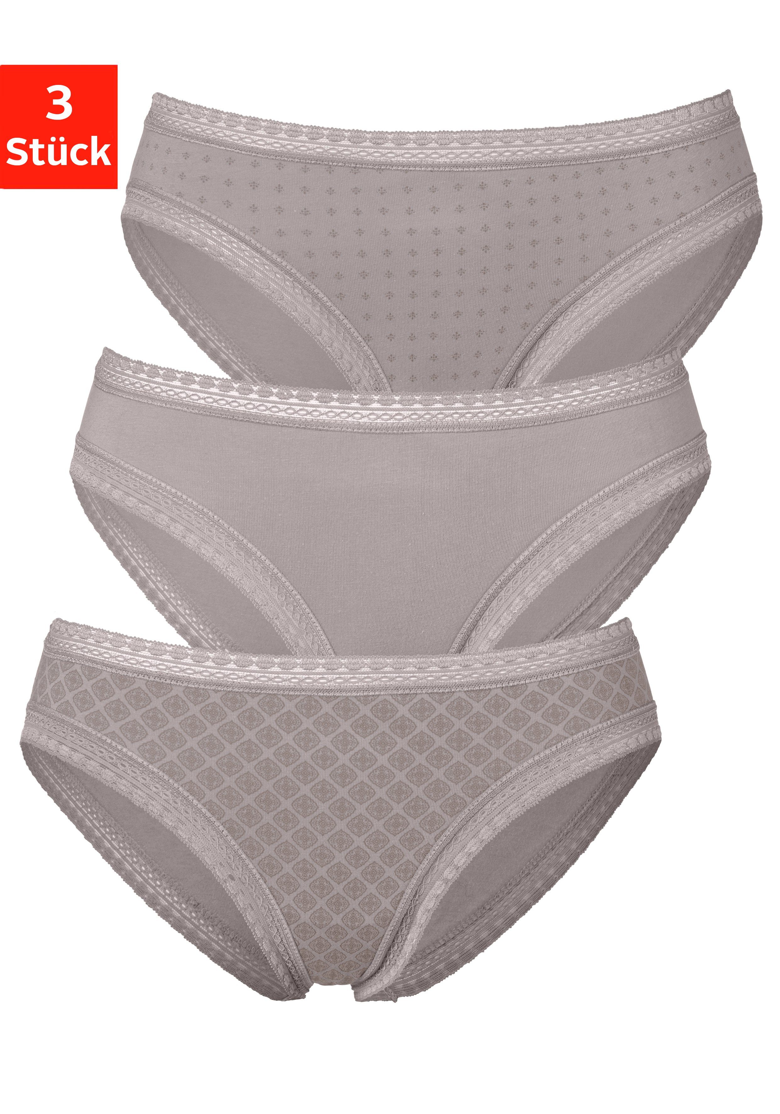 LASCANA Bikinislip (Packung, 3-St) aus elastischer Baumwolle mit weicher Spitze taupe | Bikini-Slips