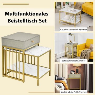 COSTWAY Couchtisch (2er Set), Marmor, mit Schublade & goldenem Metallbeinen