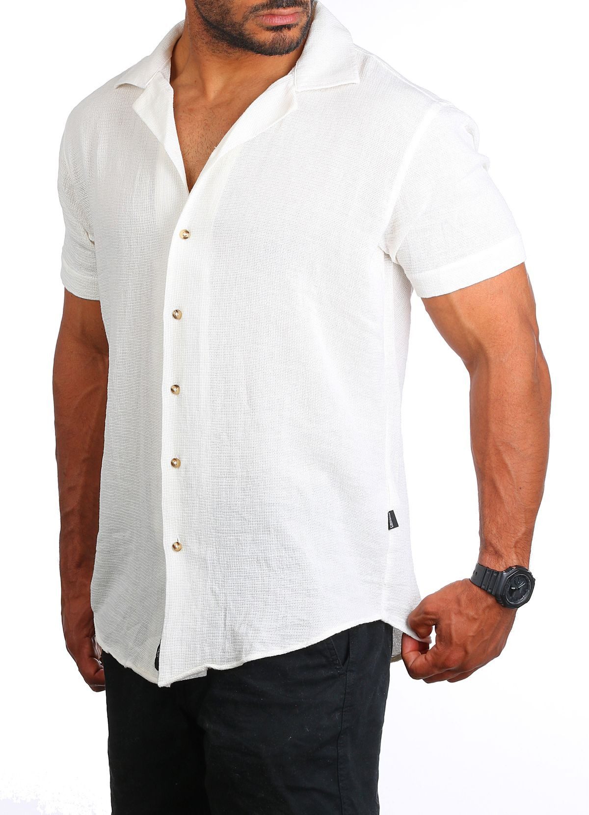 CARISMA Kurzarmhemd Herren Sommer Hemd trendig luftig grob gewebt retro Look 9180 Regular Kurzarm Kentkragen Uni