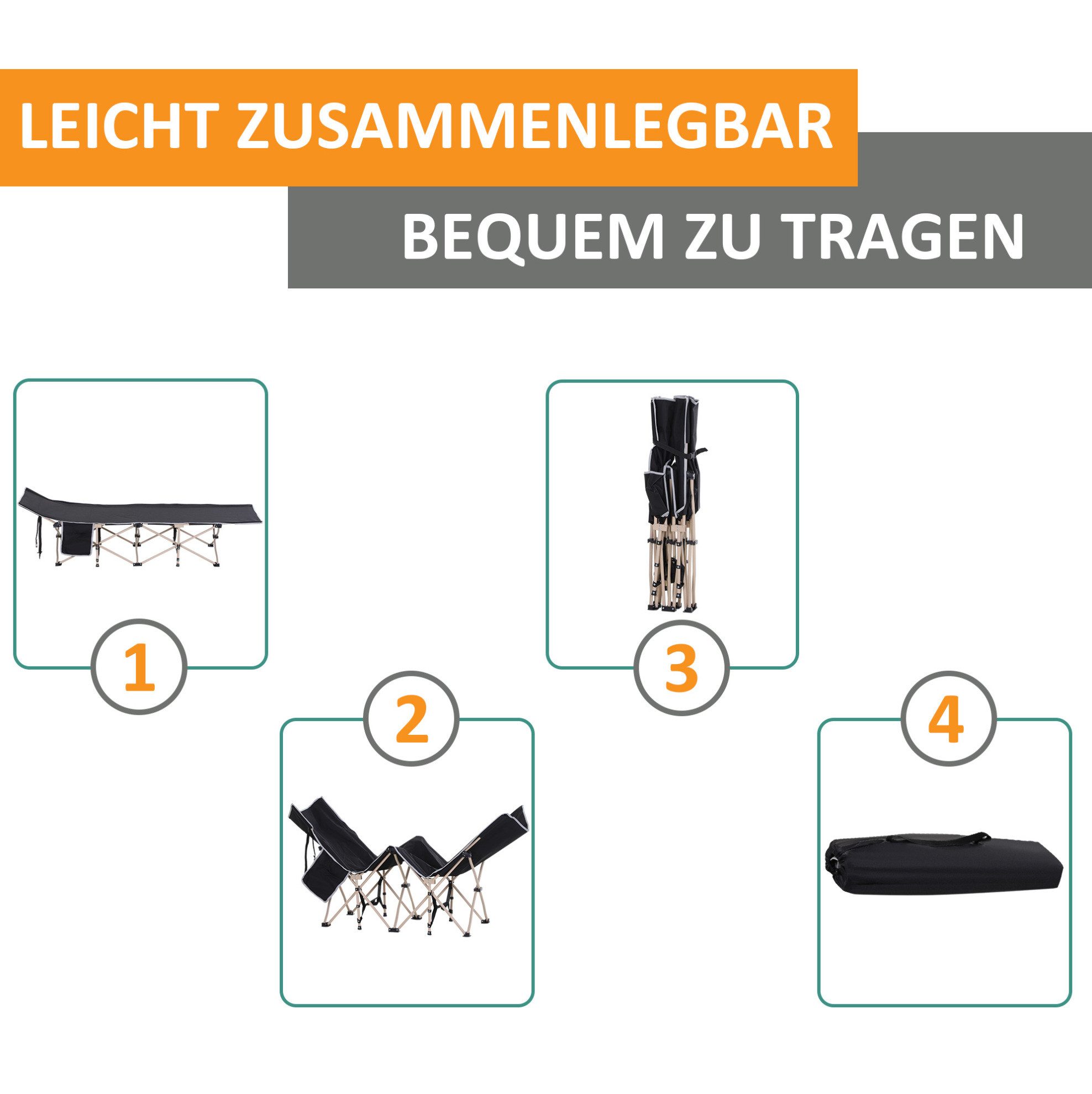 OKWISH Feldbett klappbar 190x68x52 cm Schwarz Campingbett mit Tasche (Packung, 1-St., Outdoor Reisebett für Camping & Aktivitäten, stabile Konstruktion) Faltbares Campingbett aus Oxford Stoff, leicht & tragbar