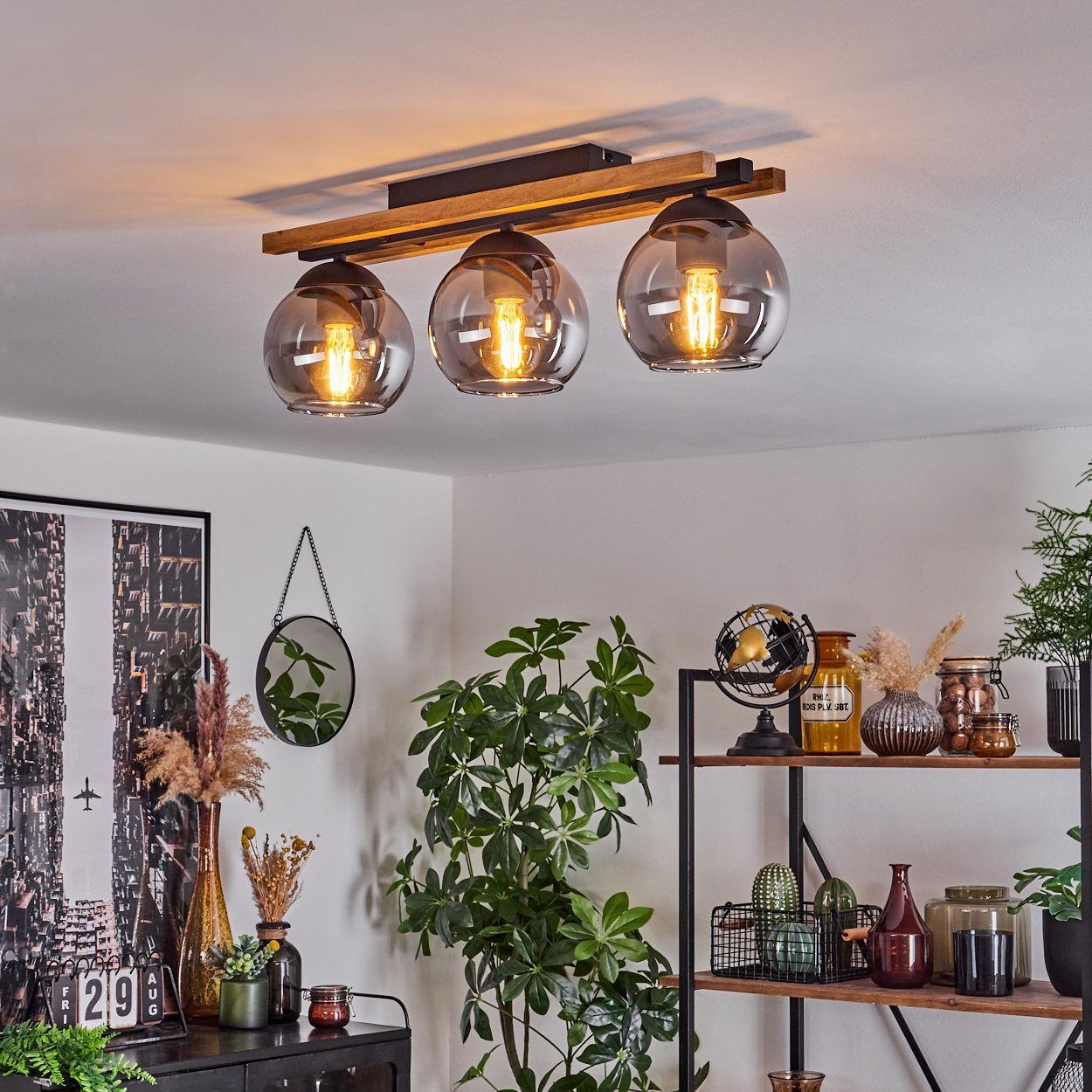 hofstein Deckenleuchte Deckenlampe aus Metall/Holz/Glas in Schwarz/Natur/Ra günstig online kaufen