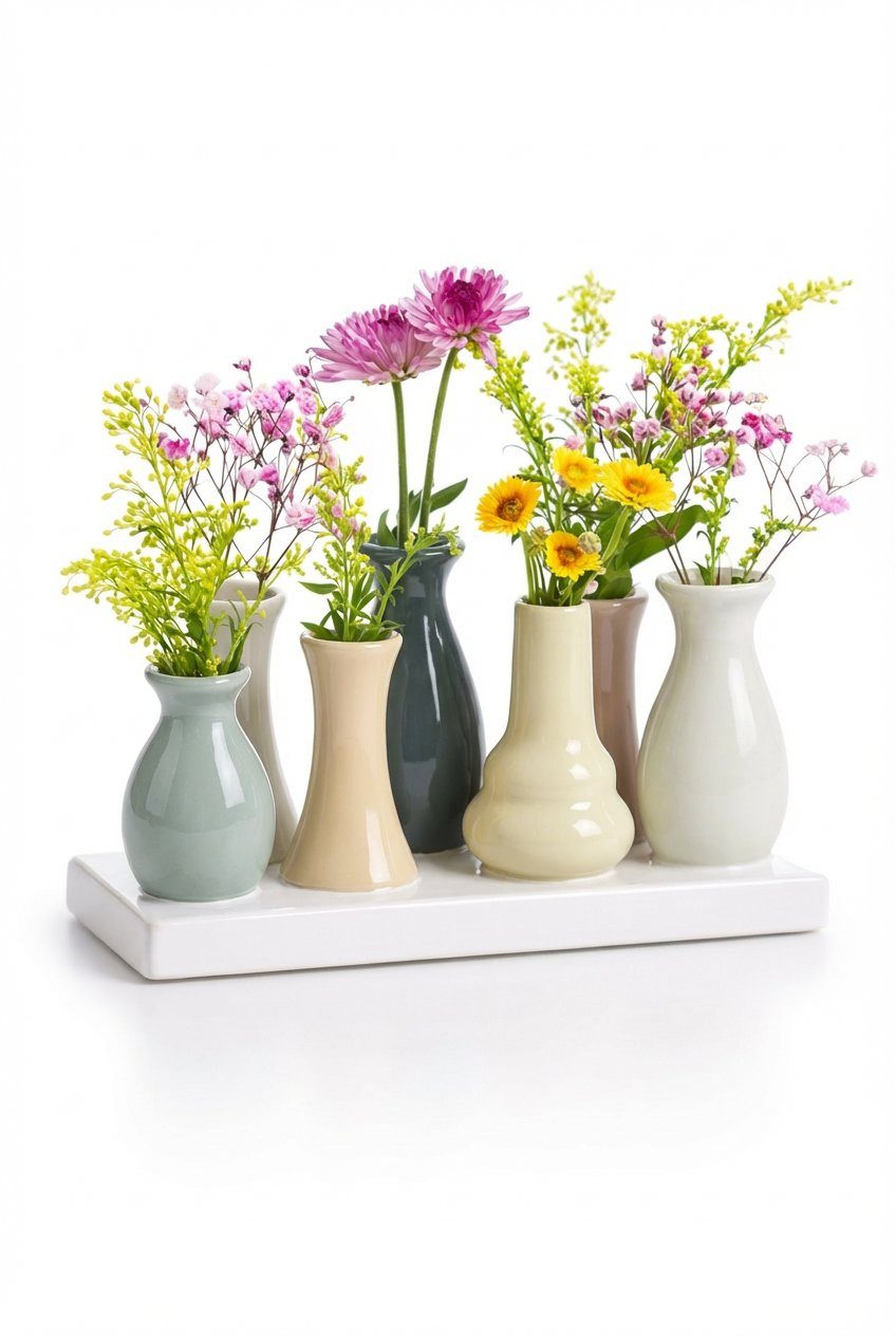 WestCraft Dekovase Handgefertigte kleine Keramik Deko Blumenvasen Set aus 7 Vasen in bunt (1 St), dekorative Keramikvasen auf festem Sockel, hübsche Mini Vase