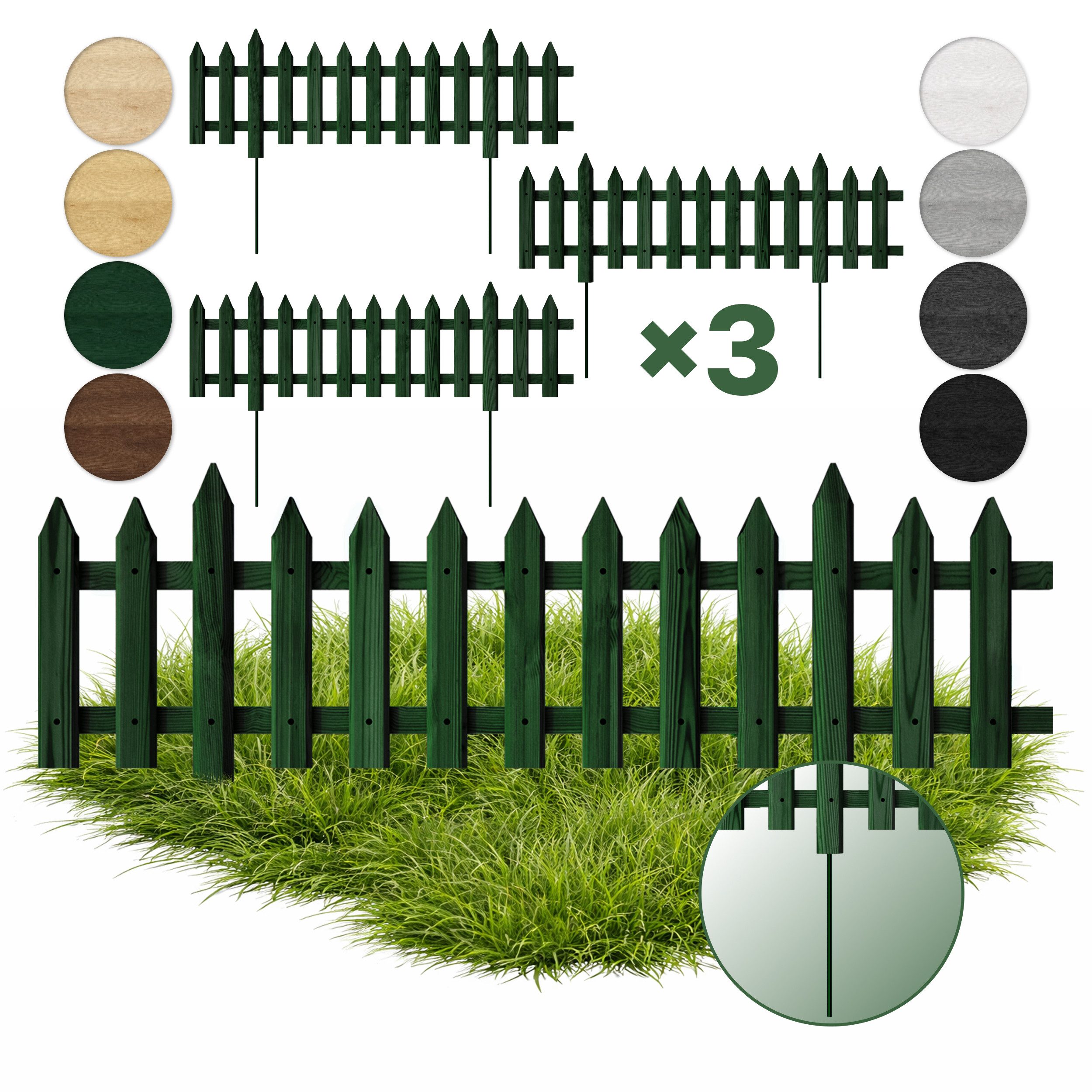 Floranica Zierzaun Vorgartenzaun Steckzaun Gartenzaun Zierzaun Lattenzaun Friesenzaun, (40 x 100 cm, 3-St., Grün), Blummen Beeten Zaun aus Holz mit Metalpfosten, Beetabgrenzung