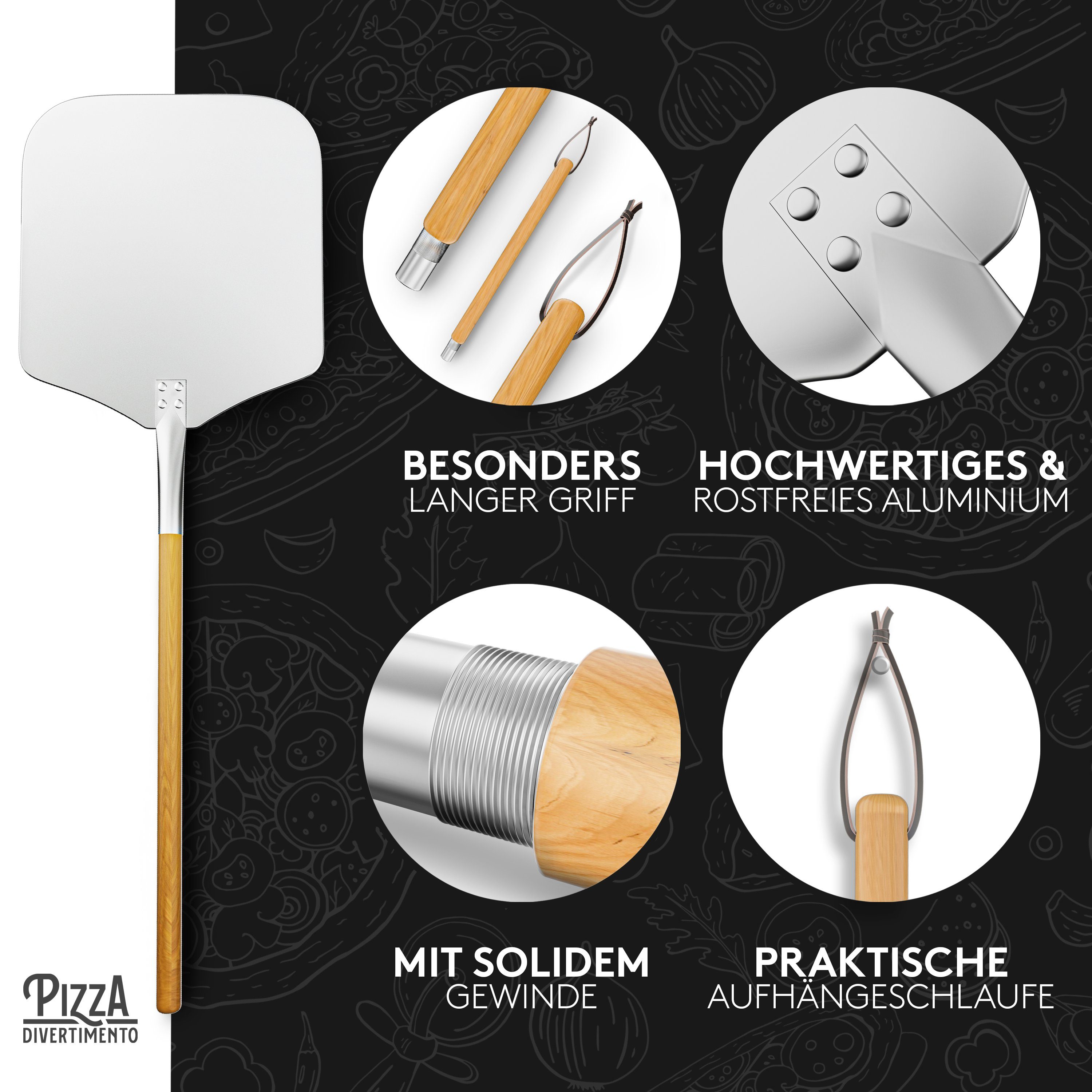 Pizza Divertimento Pizzaschieber aus rostfreiem Aluminium & Pappelholz [83 cm], hitzebeständig, abgeflachte Kanten, stabil