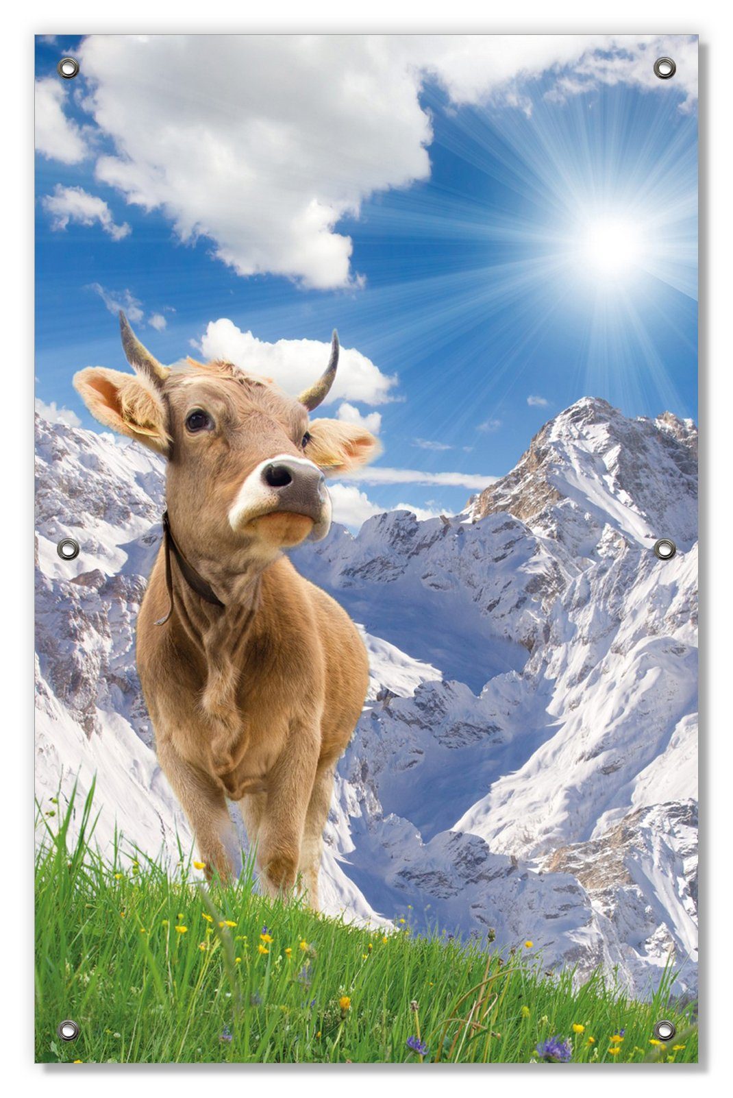Sonnenschutz Kuh im Sonnenschein in den Alpen, Wallario, blickdicht, mit Saugnäpfen, wiederablösbar und wiederverwendbar