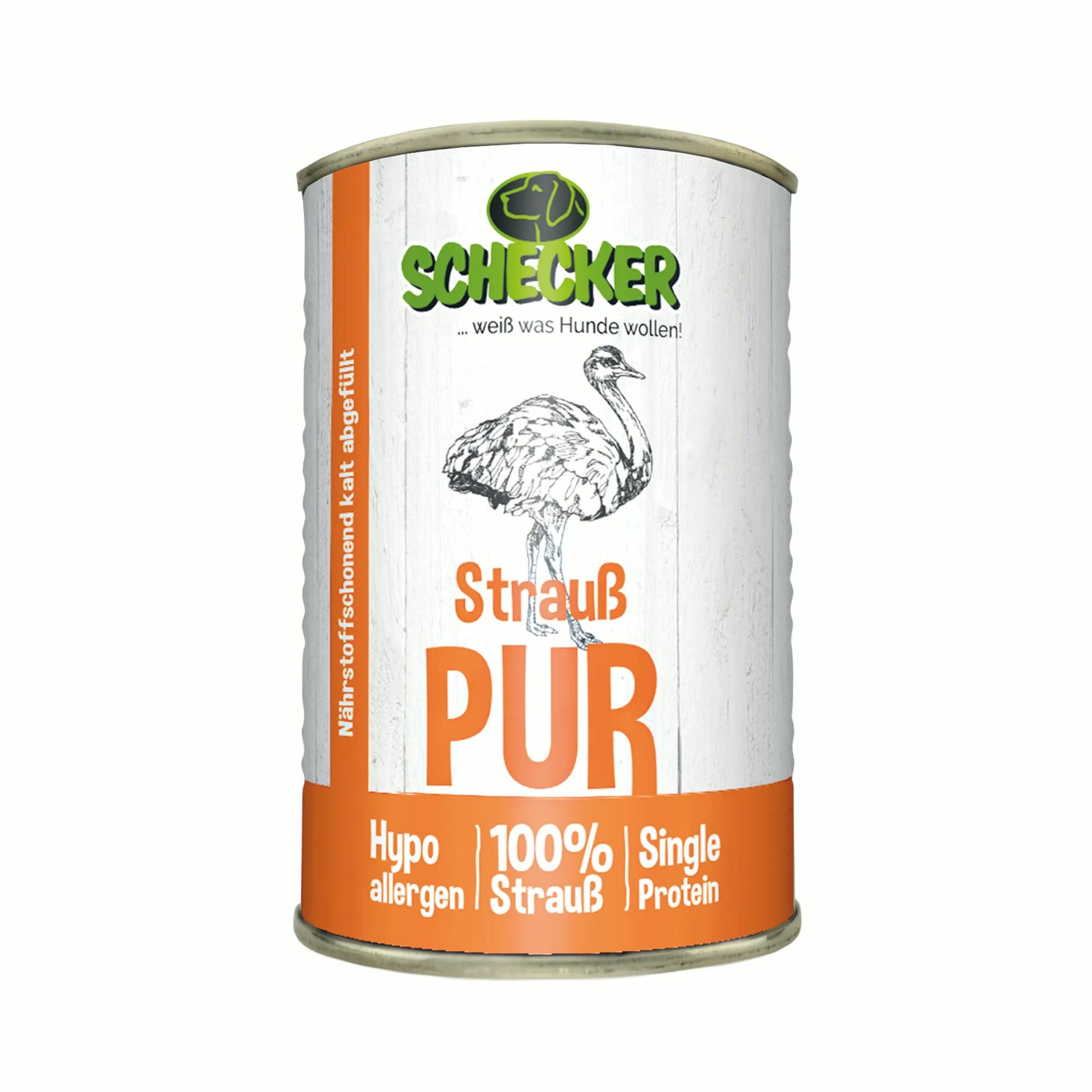 Schecker Schecker Strauß PUR - Monoprotein Nassfutter für sensible Hunde Strauß, 1St., ohne Zuckerzusatz, Farbstoffe, Konservierungsstoffe