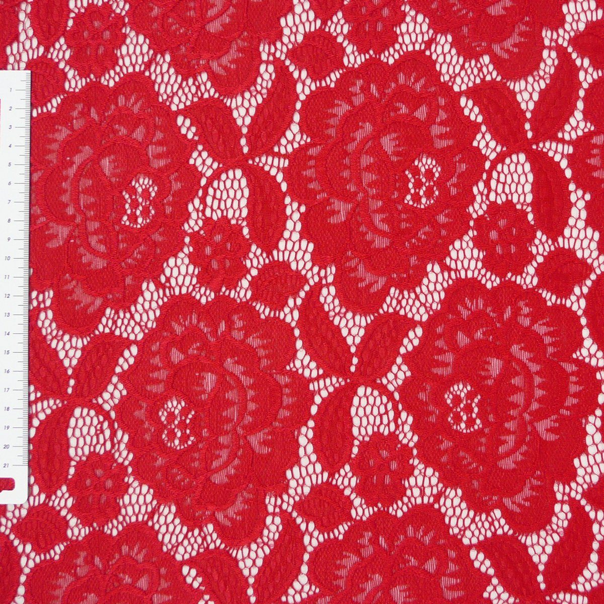 SCHÖNER LEBEN. Stoff Elastische Meterware Spitze Blumen mit Wellen Abschluss beidseitig rot