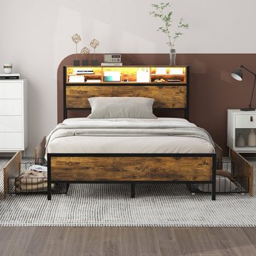 OKWISH Metallbett Doppelbett mit Lattenrost und Kopfteil, LED-Bett mit USB-Ladeanschluss (140*200cm, mit 4 Schubladen für Erwachsene und Junioren, Staufunktion), ohne Matratze
