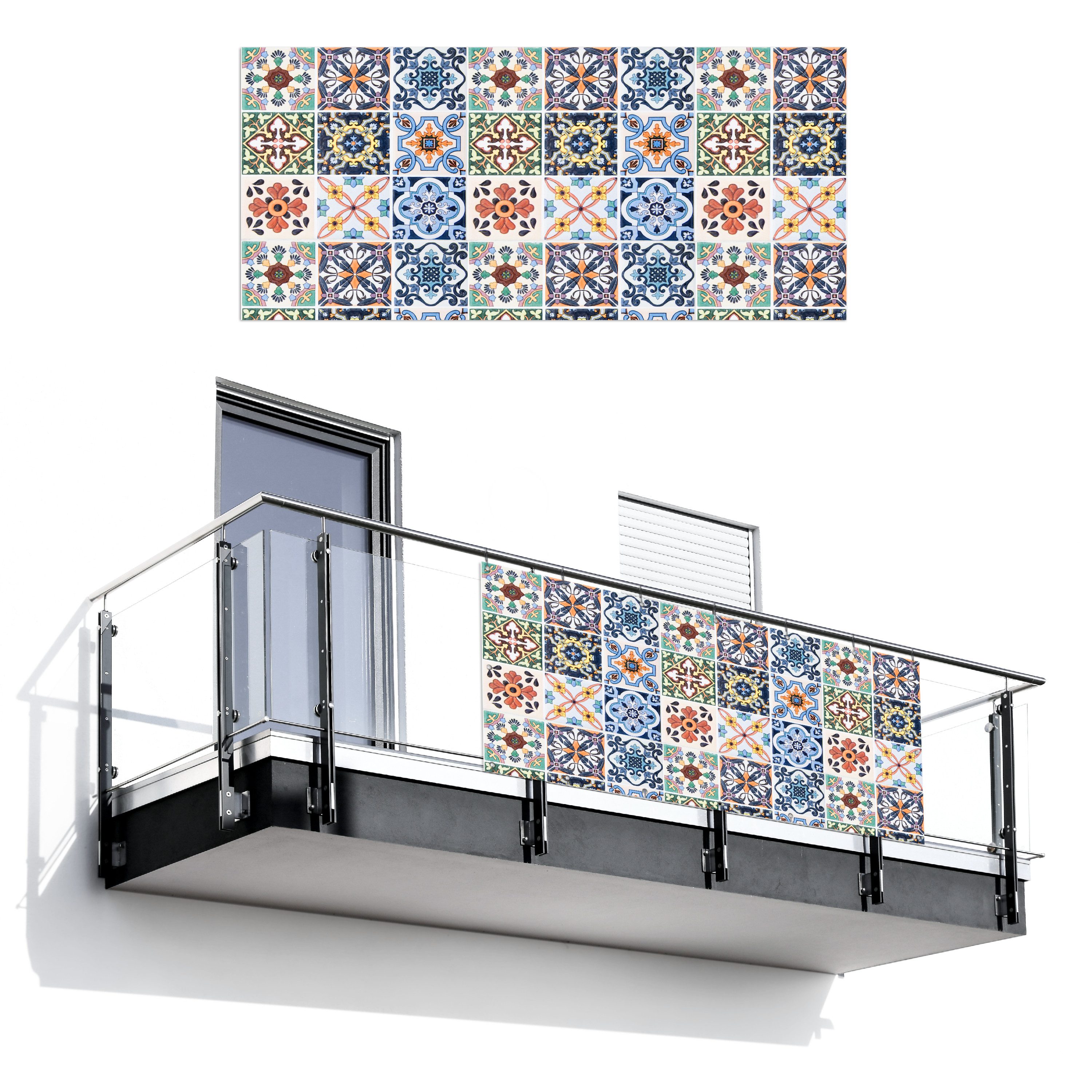 MuchoWow Balkonsichtschutz Design - Blumen - Orange - Blau - Abstrakt (1-St) Balkon Sichtschutz 90x200, Windschutz für Zaun PVC, 200x90 cm