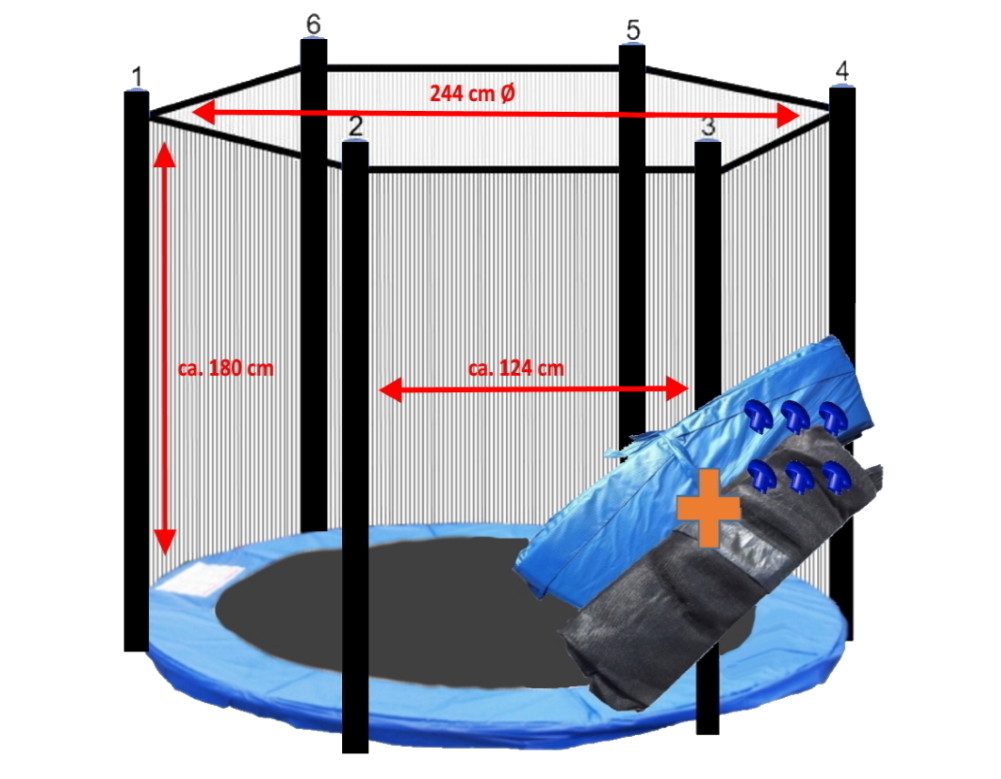 Gartentrampolin Trampolin Randabdeckung mit Sicherheitsnetz für 6 Stangen