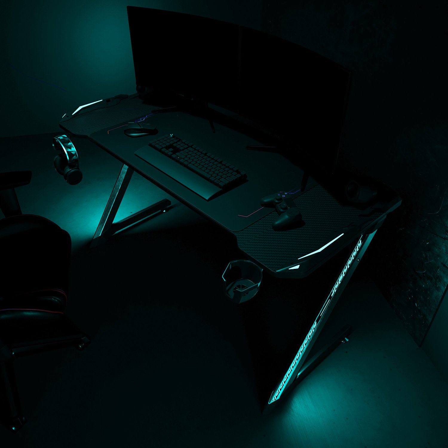 SONNI Gamingtisch Groß, Gaming Schreibtisch mit LED, mit Mauspad,140x60x75cm Schwarz, mit Mauspad,Getränkehalter und Kopfhörerhalter,breite 140cm, Schwarz