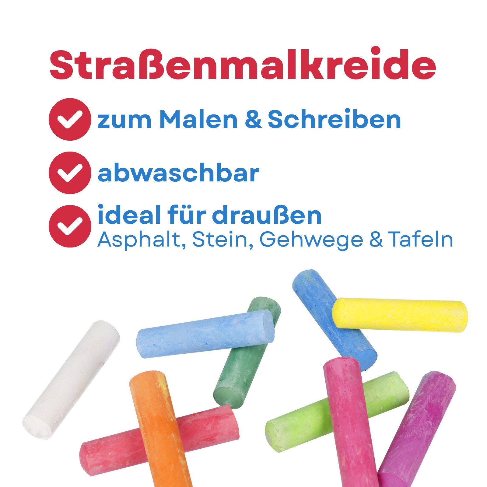 WESTCOTT Malkreide Straßenmalkreide 100 Stück, Bunte Straßenkreide in 10 Farben, Kreide ideal für Asphalt, Stein & Tafeln