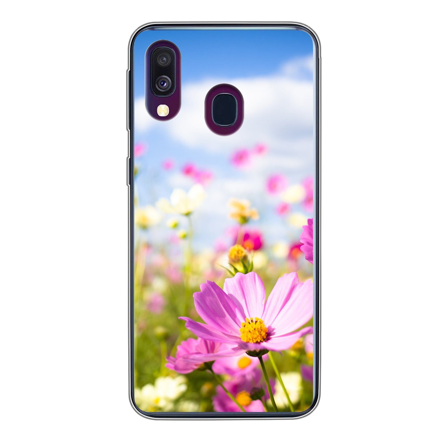 MuchoWow Handyhülle für Samsung Galaxy A40 Blumen - Wiese - Lila - Gras - Weiß - Wolken -, Smartphone-Bumper, Print, Handy Schutzhülle Dünn
