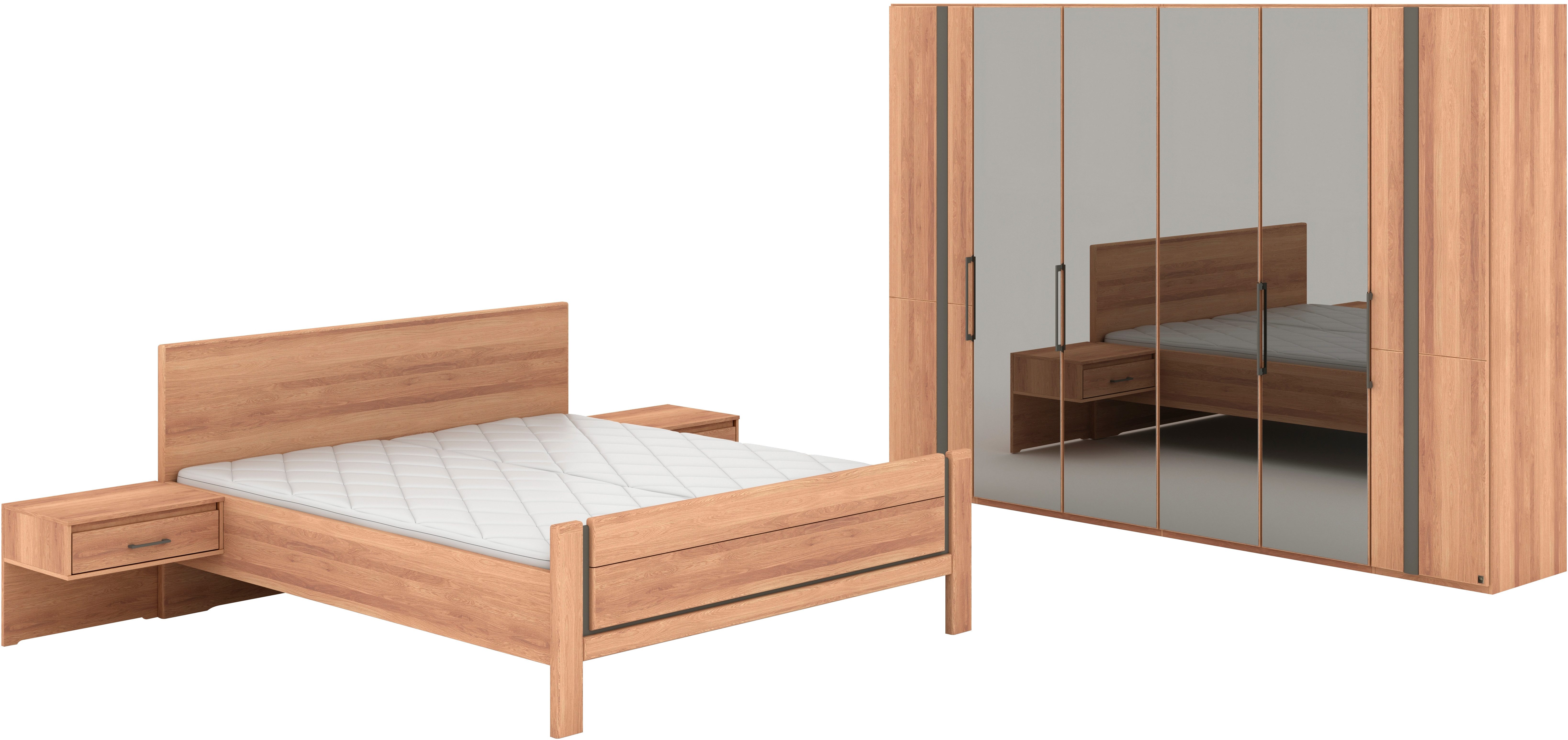 Musterring Schlafzimmer-Set Sorrent, Kleiderschrank, Bett & Nachtkommoden, teilmassiv Eiche, (2er-Set Nachtschränke, Drehtürenschrank 300 cm, Bett 180x200 cm), Bett mit Stollenfuß, Eiche teilmassiv, Spiegeltüren in Parsol-Bronze