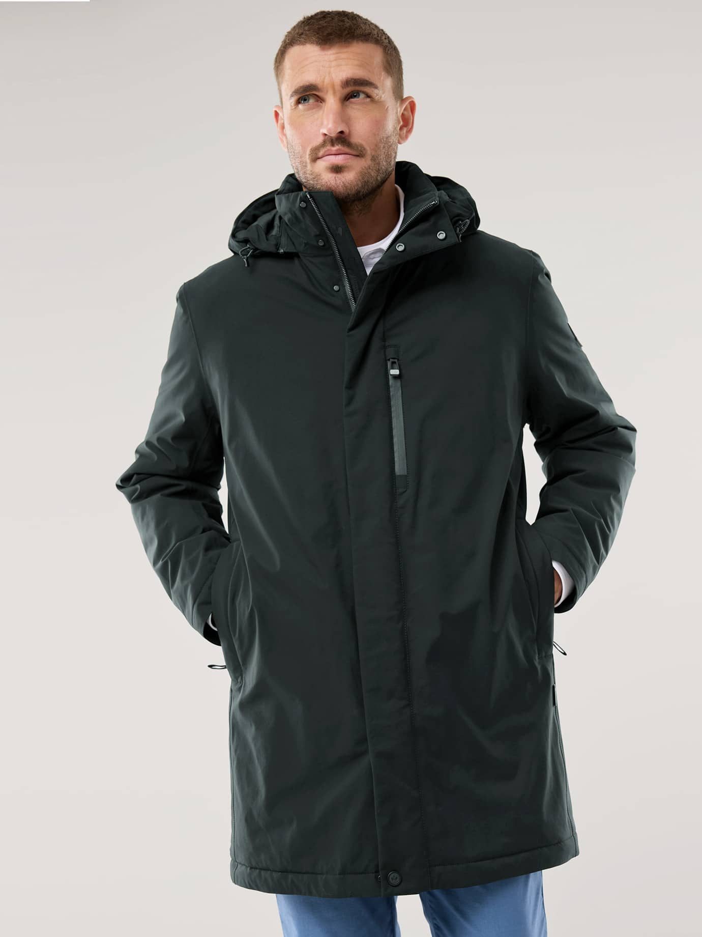 Walbusch Parka Herren Aquastop Daunen Hybrid Jacke mit Kapuze mit echter Daune, Knopfleiste sowie wasserdicht und atmungsaktiv