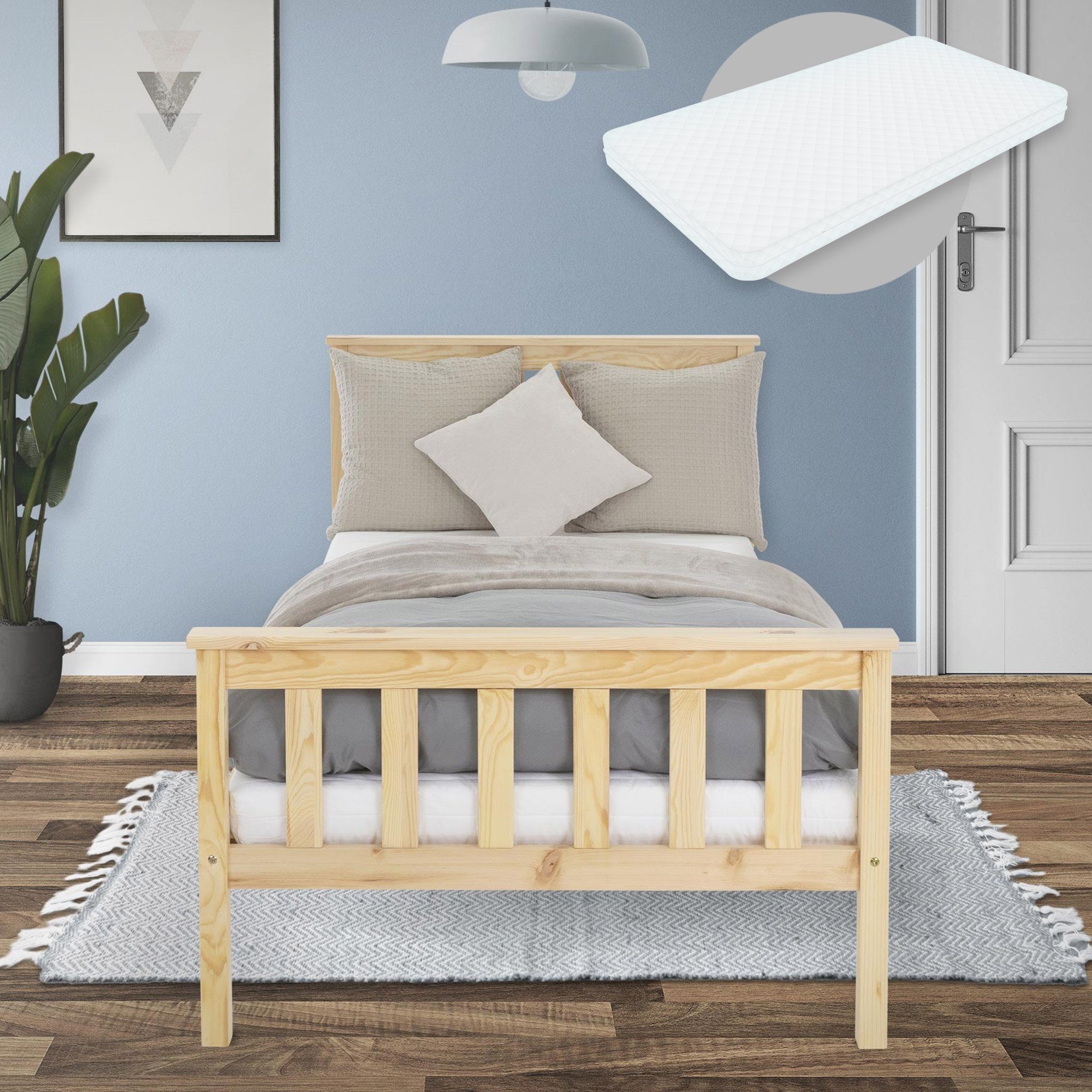 Kopf-Fußteil Matratze mit Kinderbett Jugendbett, Lattenrost Einzelbett Bettgestell Matratze Kiefernholz Kinderbett ML-DESIGN Holzbett mit Natur 90x200cm