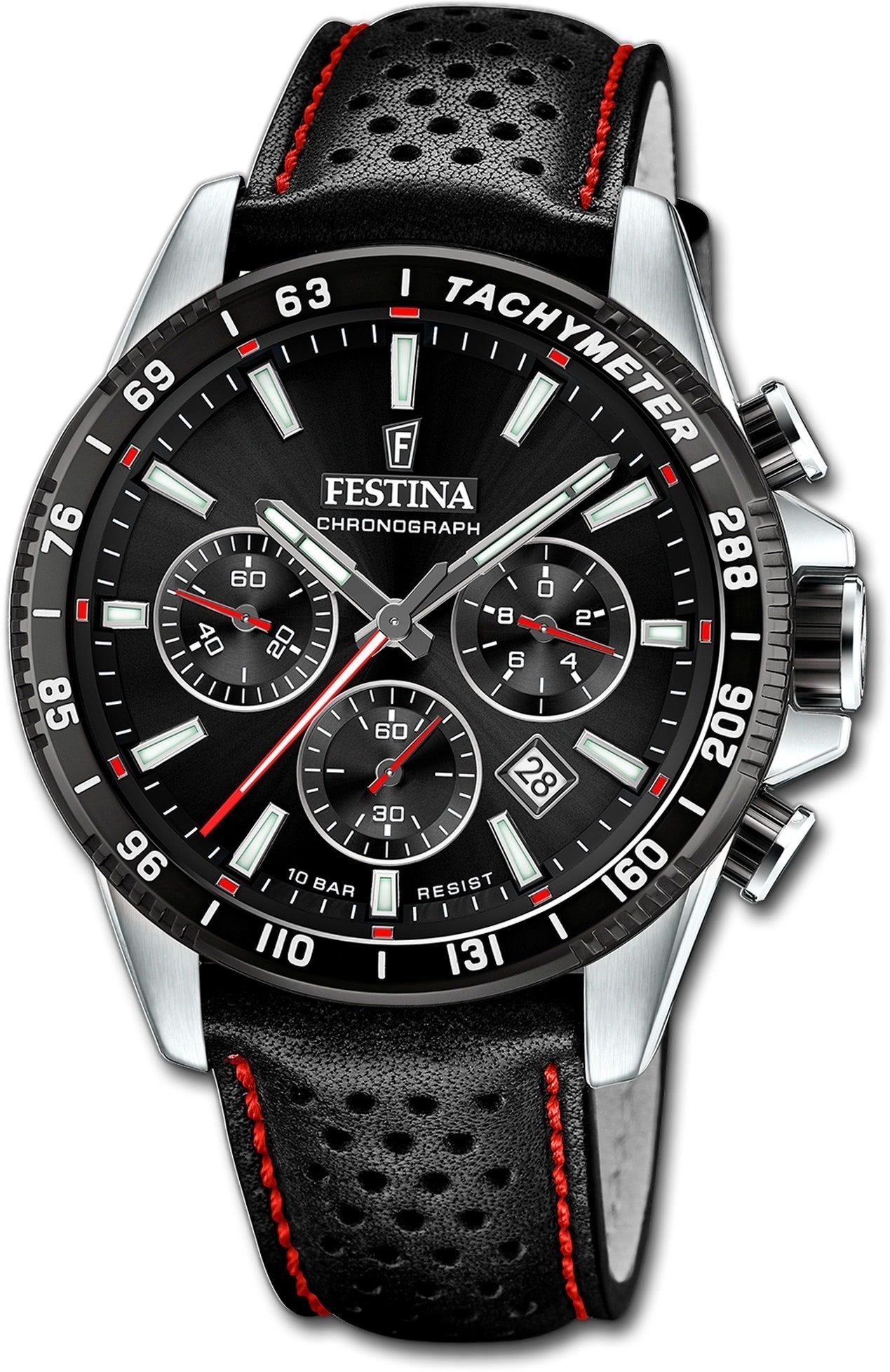 Timeless schwarz rundes Quarzuhr groß Chronograph, 45mm), Festina Herrenuhr Festina mit (ca. Herrenuhr Lederarmband, Gehäuse,