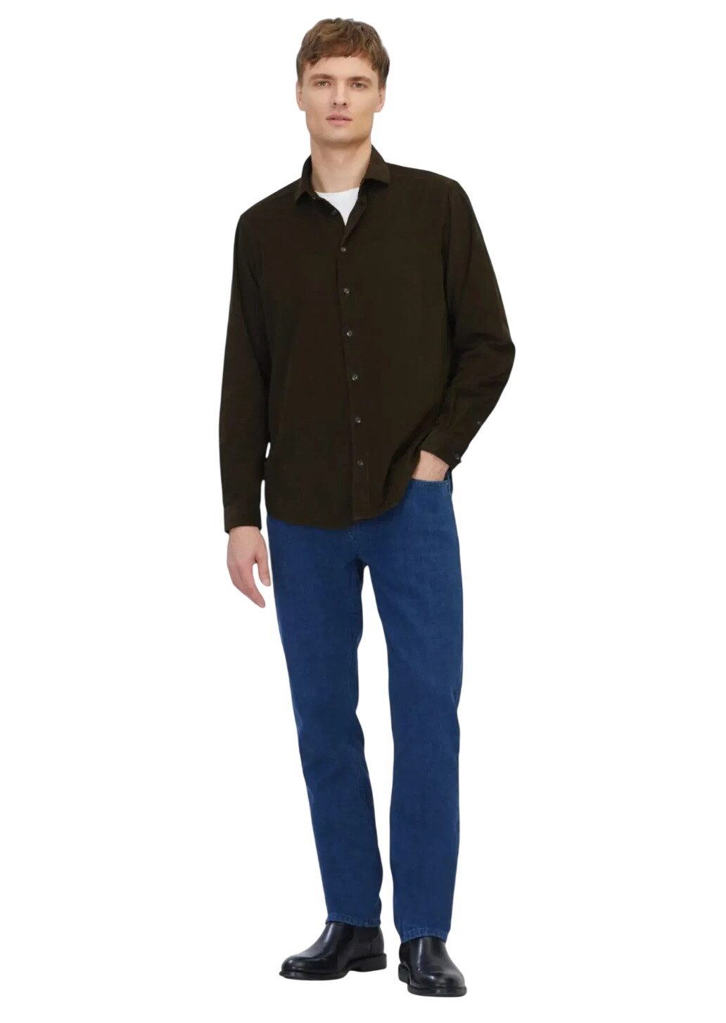 RAMSEY Hemdbluse Khakifarbenes, schlicht gewebtes Freizeithemd aus 100 % Baumwolle