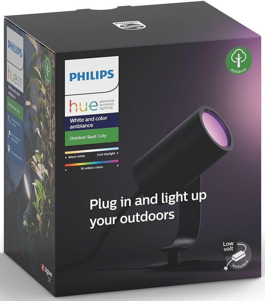 Philips Hue LED Gartenstrahler Lily, LED Base-Kit Netzteil - einstellbar, mehrere Dimmfunktion, mit Neutralweiß, Smart fest Farbsteuerung, Leuchtdauer Helligkeitsstufen, Tageslichtweiß, Warmweiß, integriert, Kaltweiß, Home, Farbwechsel