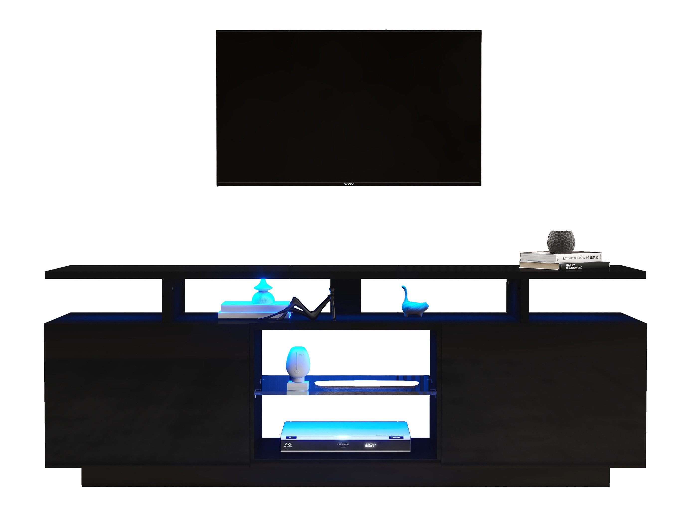 SeedWave Lowboard TV Schrank mit Hochgelänzenden Türen, Einstellbare LED-Beleuchtung, Bodenstehender TV-Ständer inkl. 1× Glasregal