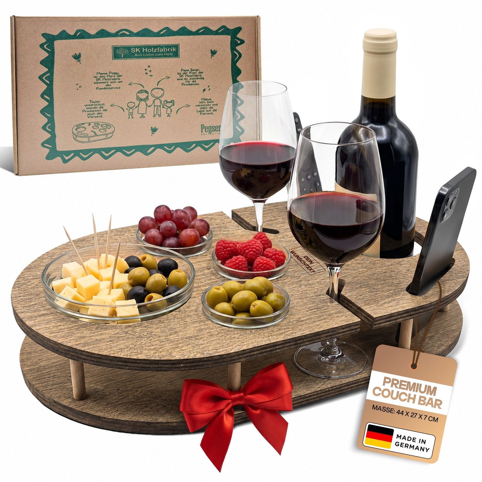 PEGSEN Servier-Set Weinbar Couchbar mit 4 Glasschalen, Birkenholz, Weingläser & Snacks stehen stabil und sicher