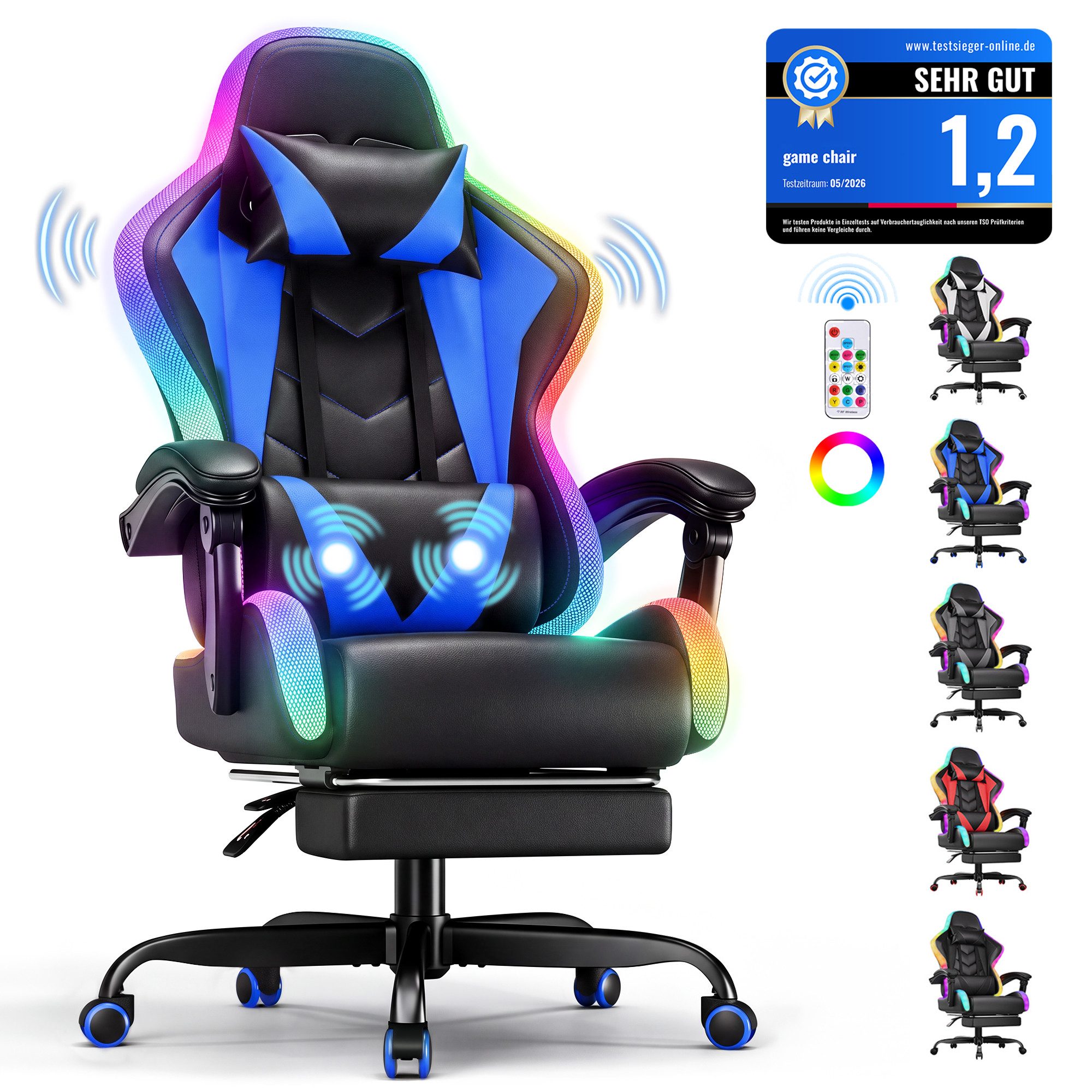 HOMALL Gaming-Stuhl mit LED,Ergonomisch,Fußstütze,computerstuhl,gaming stuhl mit massage (Die LED-Beleuchtung ist einstellbar, das Massagekissen für den Rücken ist beweglich), Ergonomischer Bürostuhl,Kopfstütze und Lendenstütze