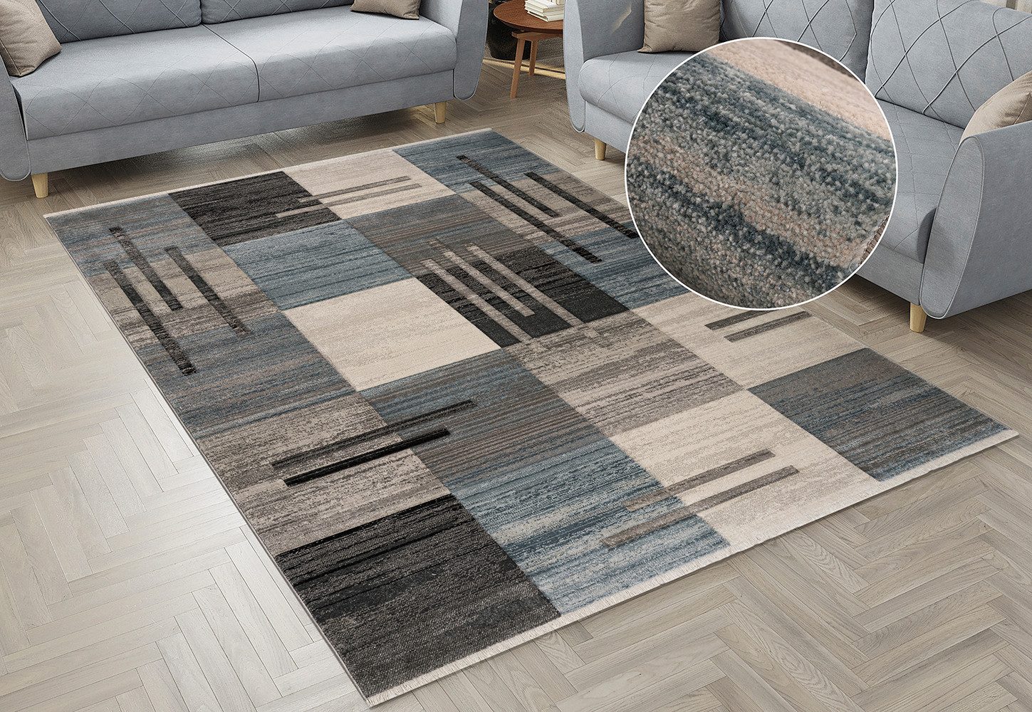 my home Teppich Beliz, rechteckig, Höhe: 9 mm, mit Konturenschnitt, Kurzflor, 3D-Design, mit Fransen, Wohnzimmer
