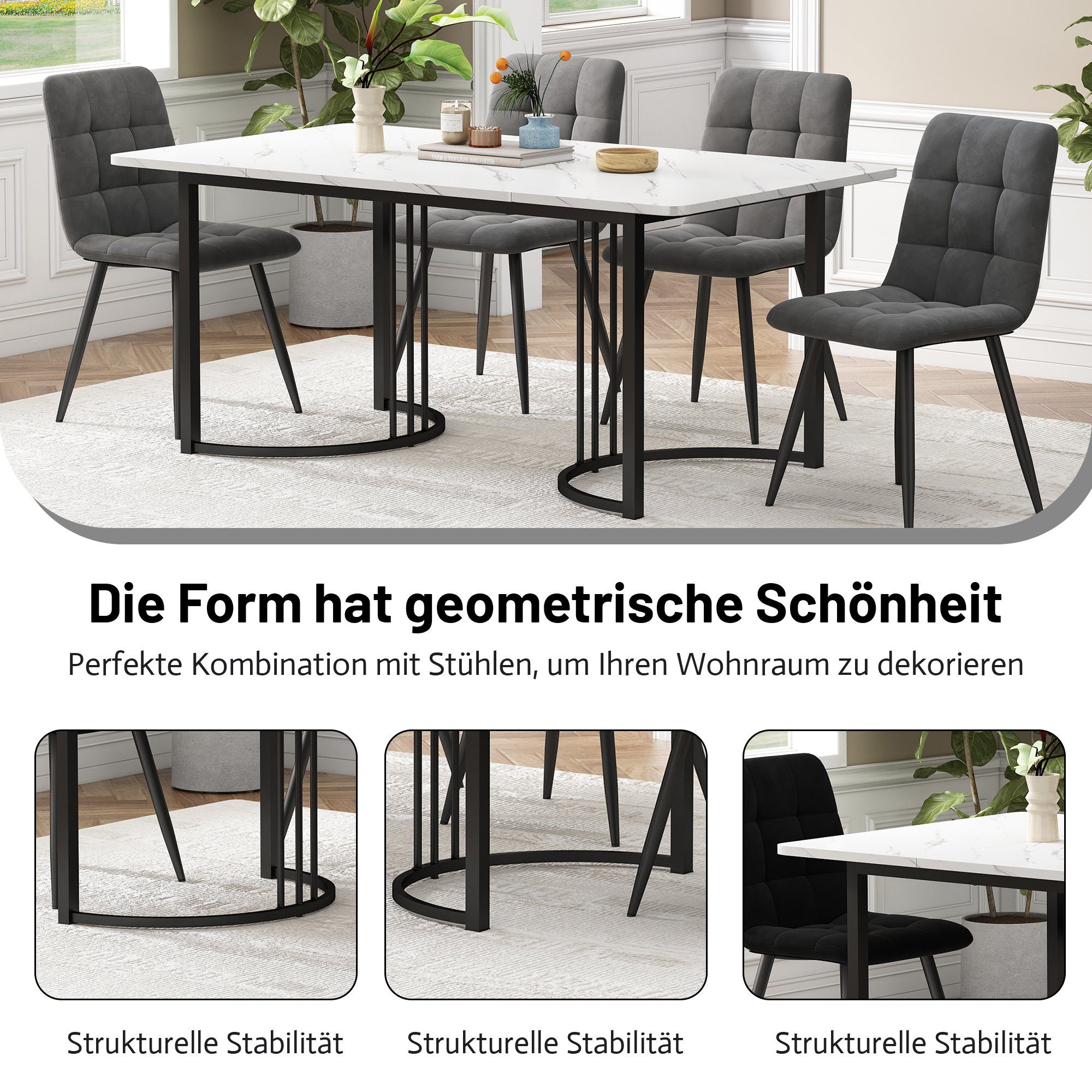 Esstisch (140x80x75 cm, nur Tisch), rechteckig Küchentisch Marmoroptik Esszimmertisch, Metallbeine