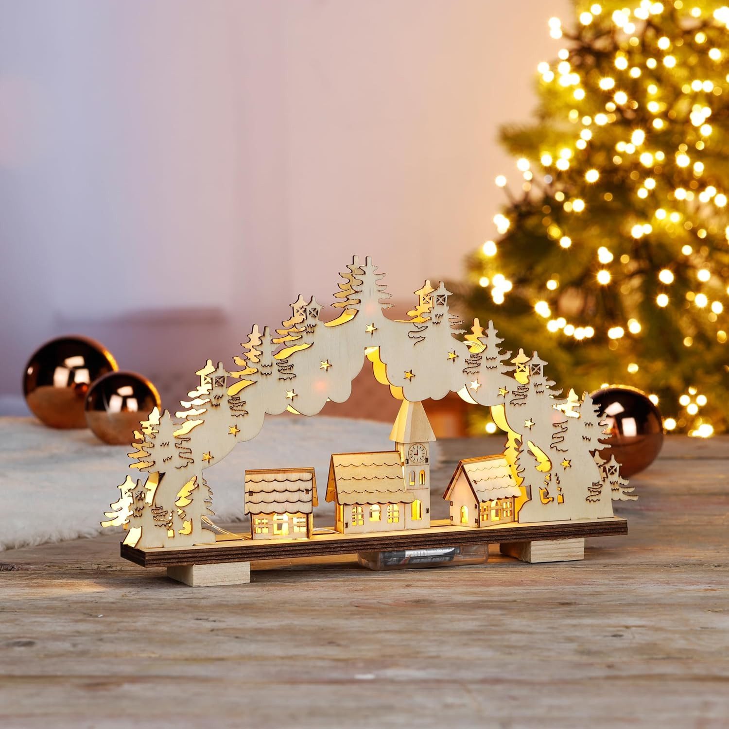 mucHome LED Schwibbogen LED Holz Schwibbogen Lichterbogen 33cm Weihnachtsszene 9 LEDs