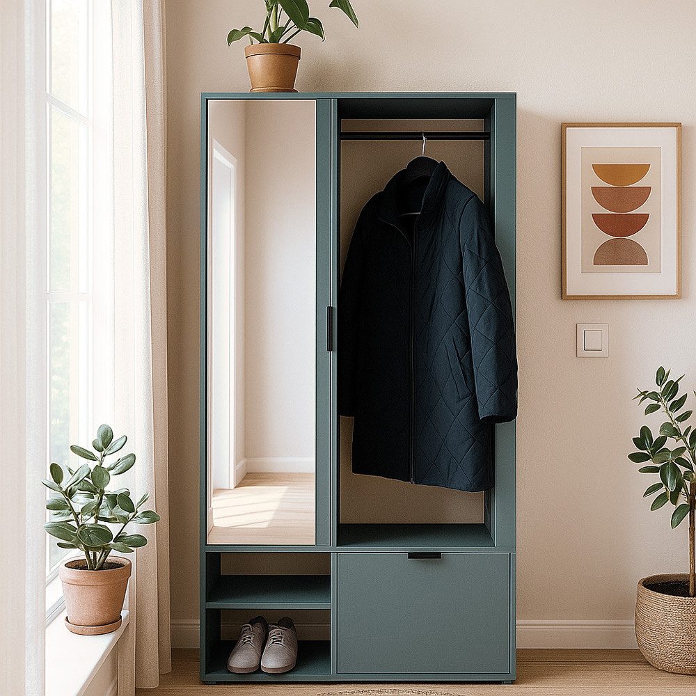 Lomadox Garderobe MINSTER-161, 100 cm breit in grün mit Spiegel, Schuhschrank, Kleiderstange, Klappe