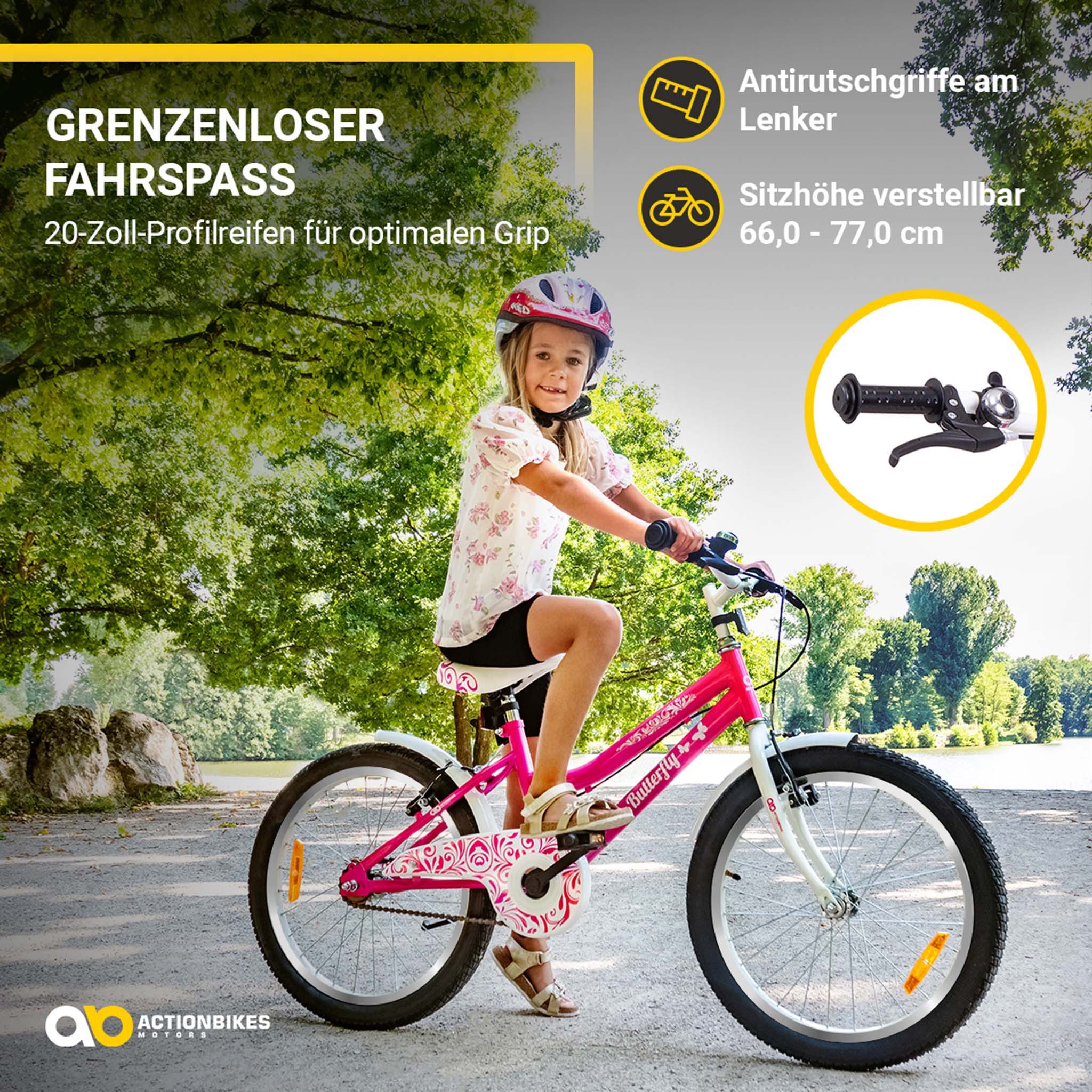 Actionbikes Motors Kinderfahrrad Mädchen Butterfly 20 Zoll - ab 6 Jahre, 1 Gang, (Kinderfahrrad für Mädchen, Kinderfahrrad 20 Zoll, 1-tlg., Fahrrad für Kinder, Mädchen Fahrrad, Kinderfahrrad ab 6 Jahre), höhenverstellbares Bike, Fahrrad mit Ständer & Kettenschutz
