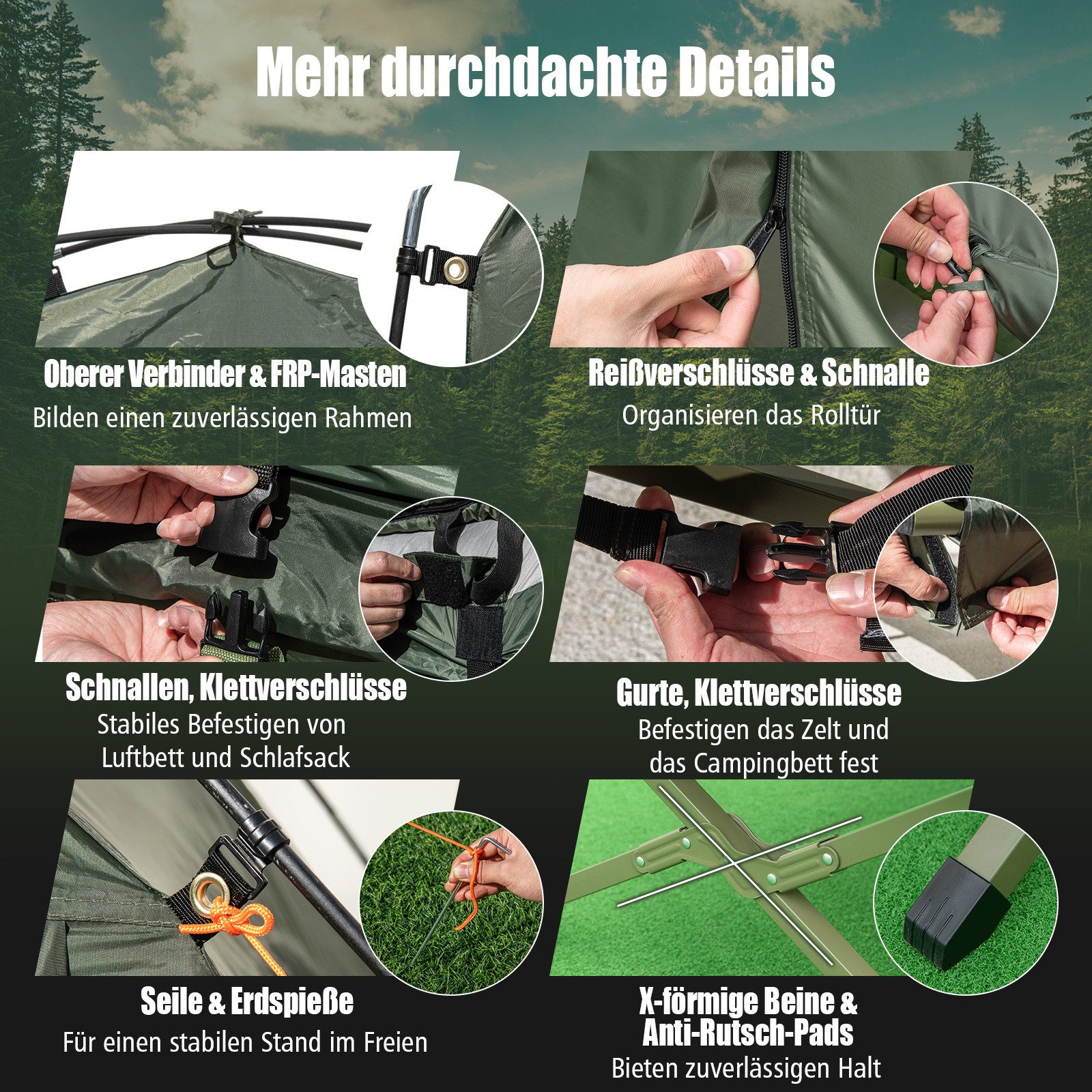 KOMFOTTEU Feldbett Campingzelt wasserdicht mit Sonnenschutz, Luftmatratze, Kissen, Schlafsack & Tragetasche