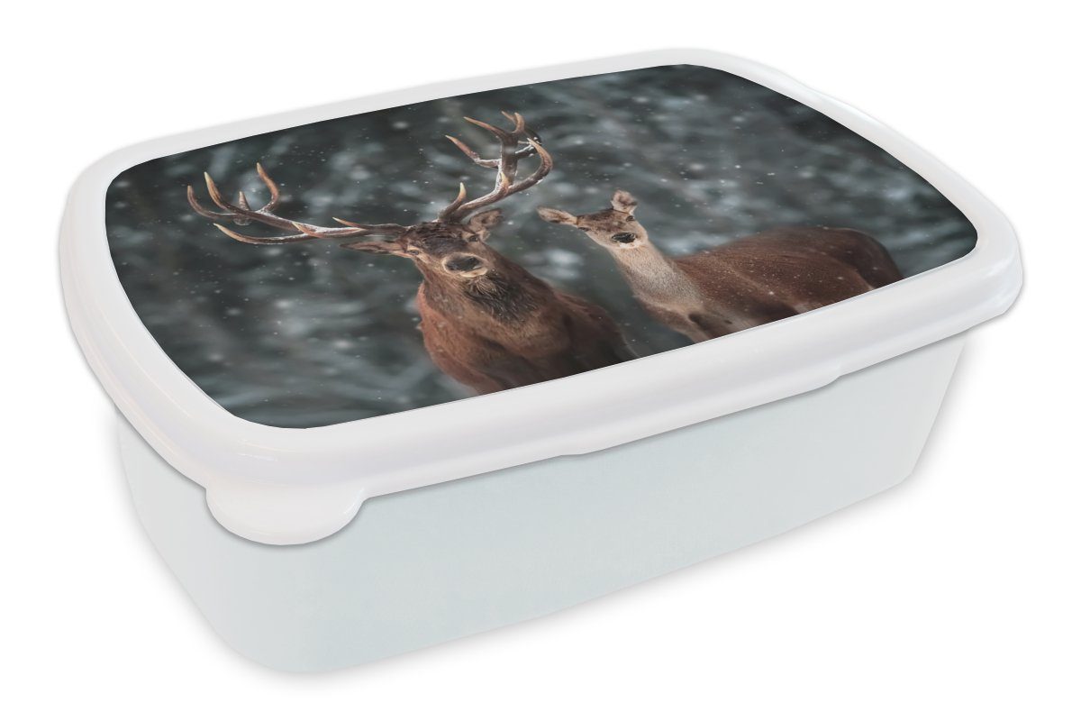 MuchoWow Lunchbox Hirsche - Tiere - Winter - Geweih - Schnee - Natur, Kunststoff, (2-tlg), Brotbox für Kinder und Erwachsene, Brotdose, für Jungs und Mädchen weiß
