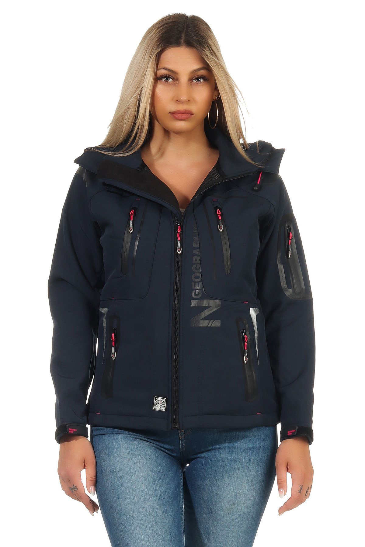 Geographical Norway Softshelljacke Geographical Norway Damen Softshell Outdoor Wander Sport Jacke in Unifarbe, mit abnehmbarer Kapuze, mit Stehkragen