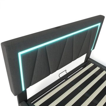 REDOM Polsterbett Doppelbett (160 x 200 cm Ohne Matratze), LED Doppelbett + USB/Typ-C Ladefunktion
